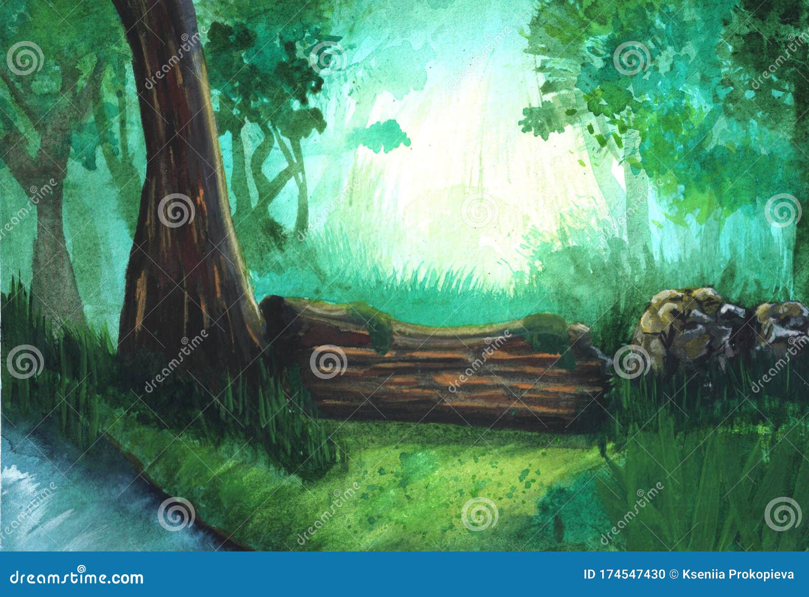 Watercolor Drawing Landscape Nature Green Forest Stock ...