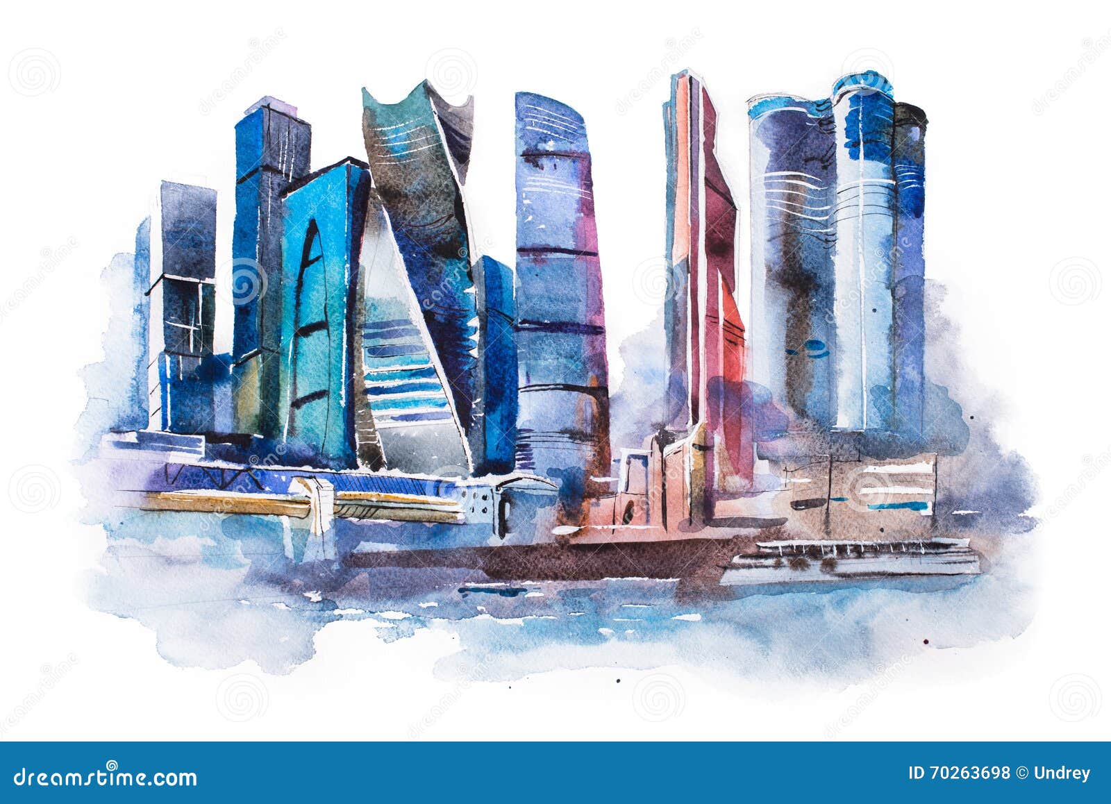 watercolor drawing of moscow city. international business center aquarelle painting