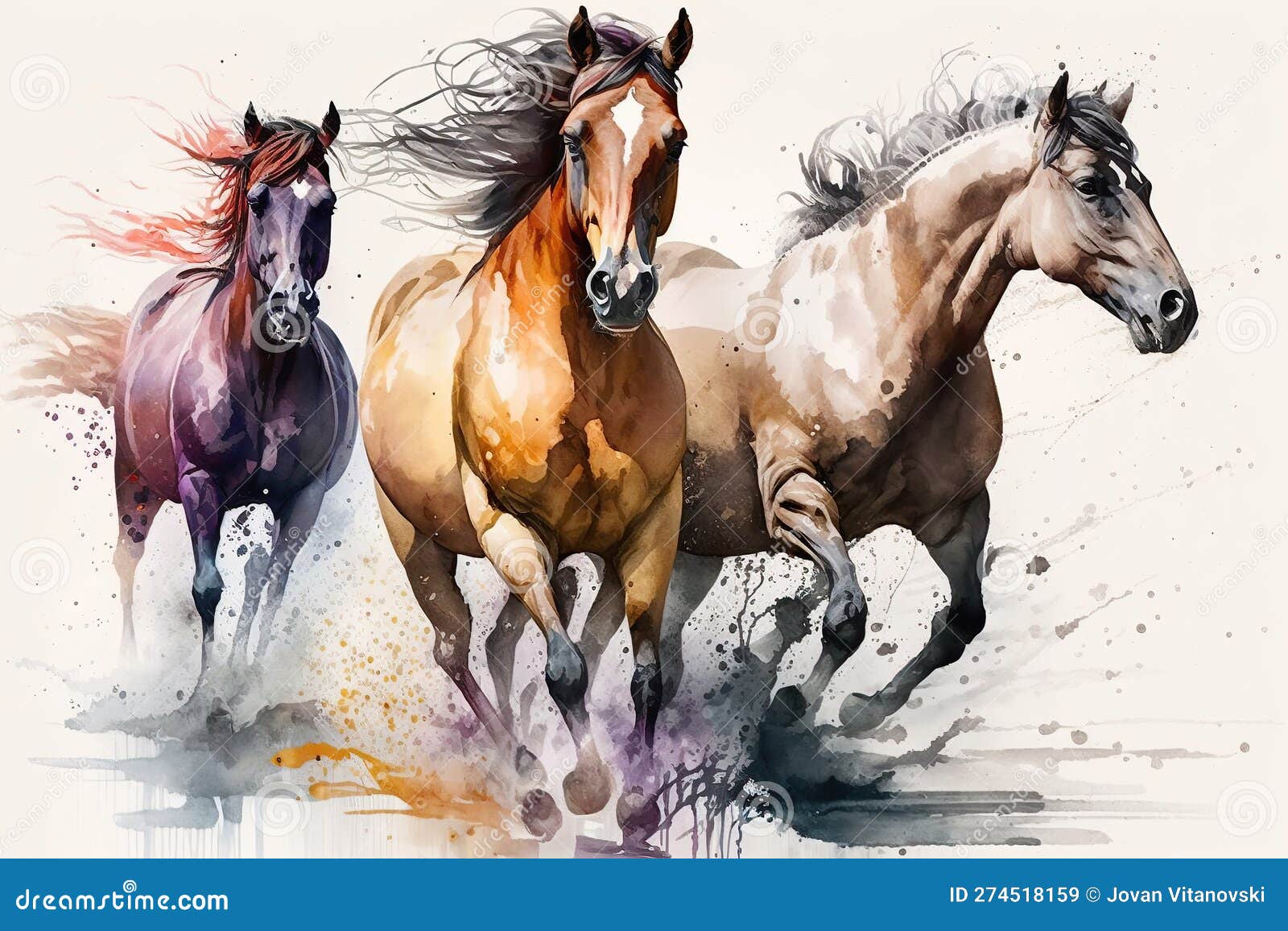 Watercolor Drawing of a Running Horses Created by Generative AI Stock