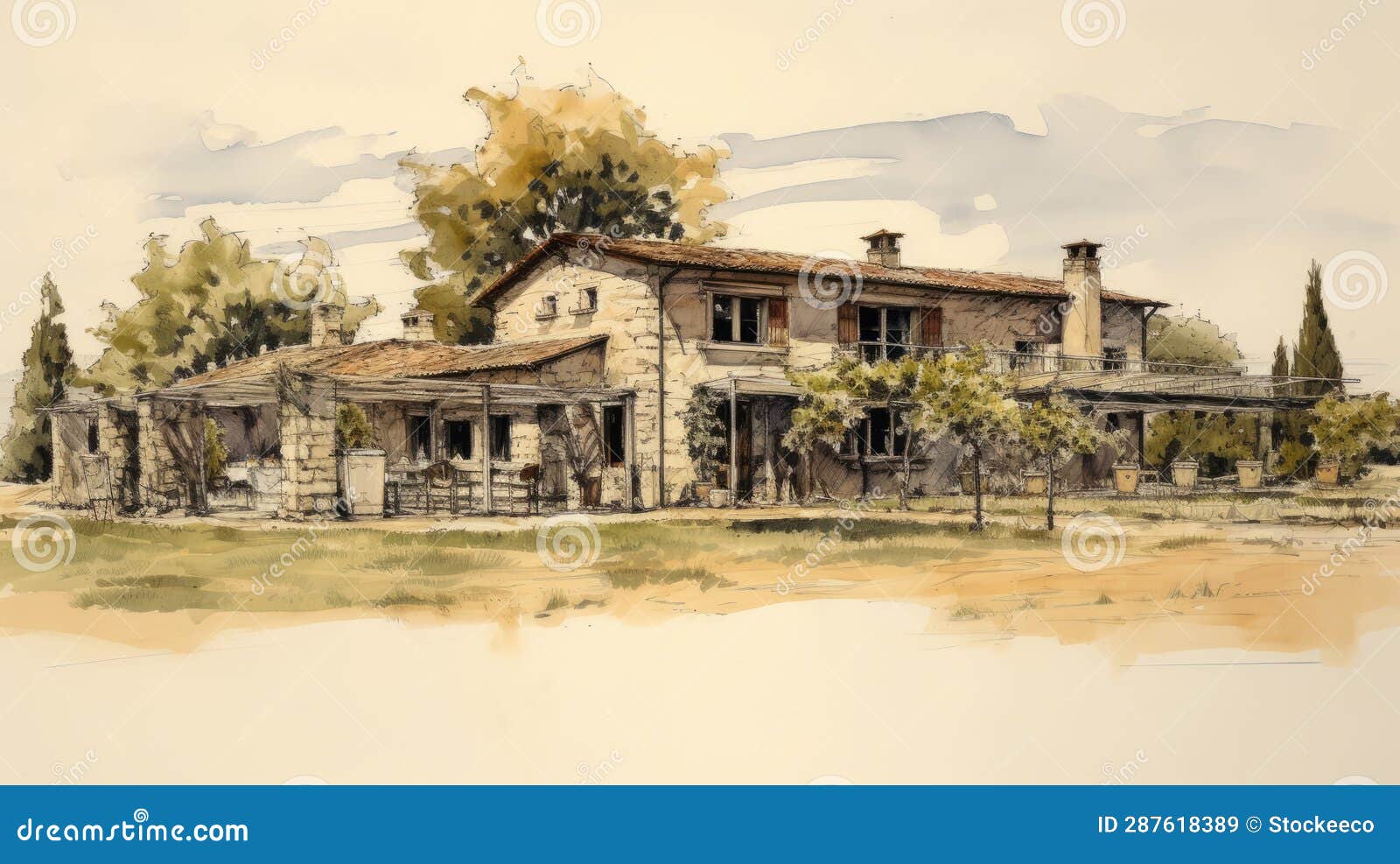 watercolor drawing of a rural residence in italy