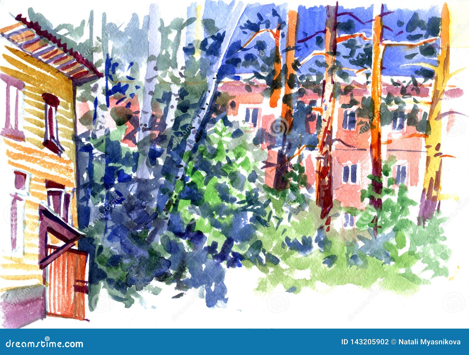 Watercolor Drawing. Sketch of an Old House in the Yard. Stock