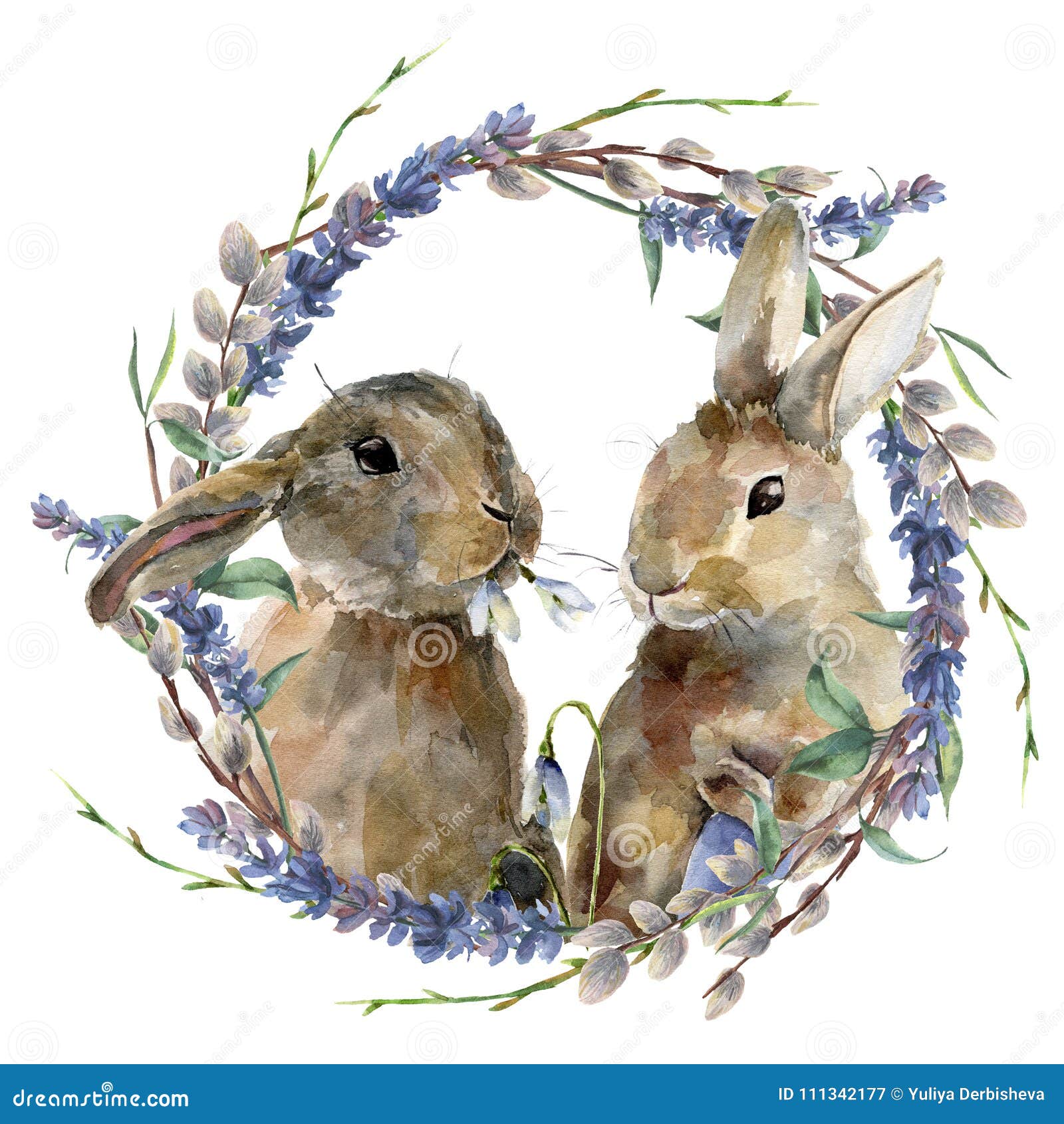 Printable Digital Download Watercolour Rabbit with Green Leaves Wreath PNG Clipart