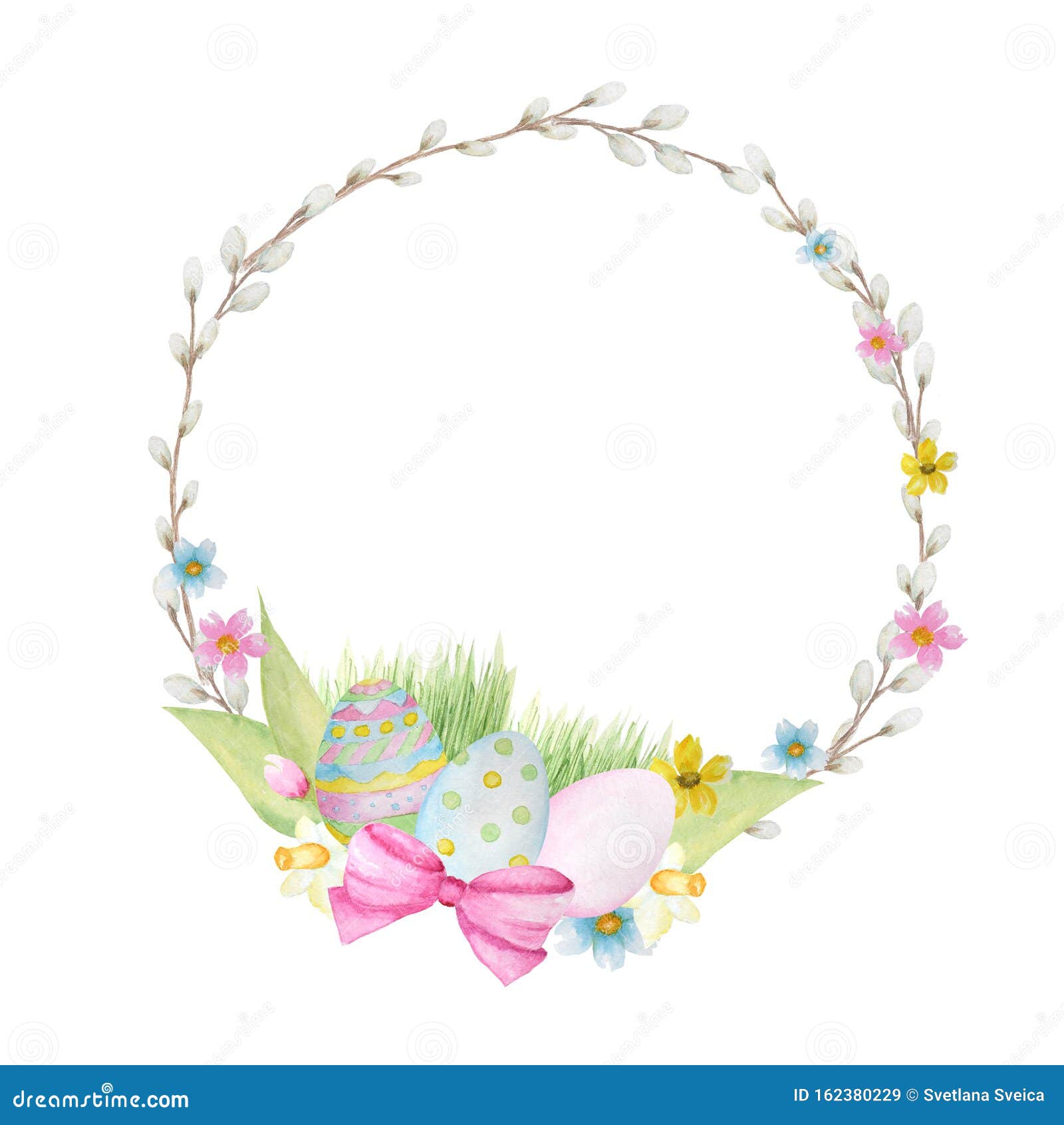 Spring Flowers Wreath Hand Painted Cute Wreath with Flowers. Watercolor