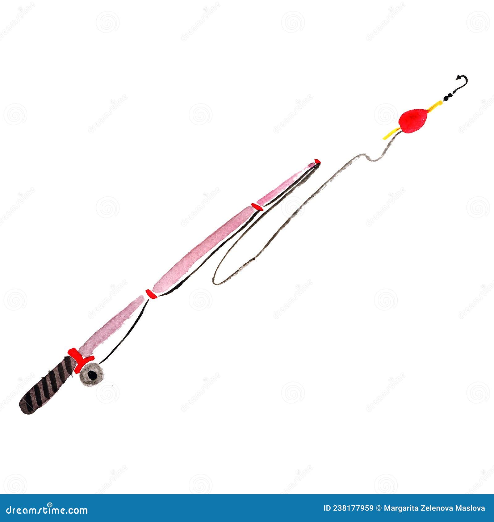 Watercolor Element Fishing Rod with Fishing Line Float and Hooks for  Fishing Stock Image - Image of isolated, vacation: 238177959