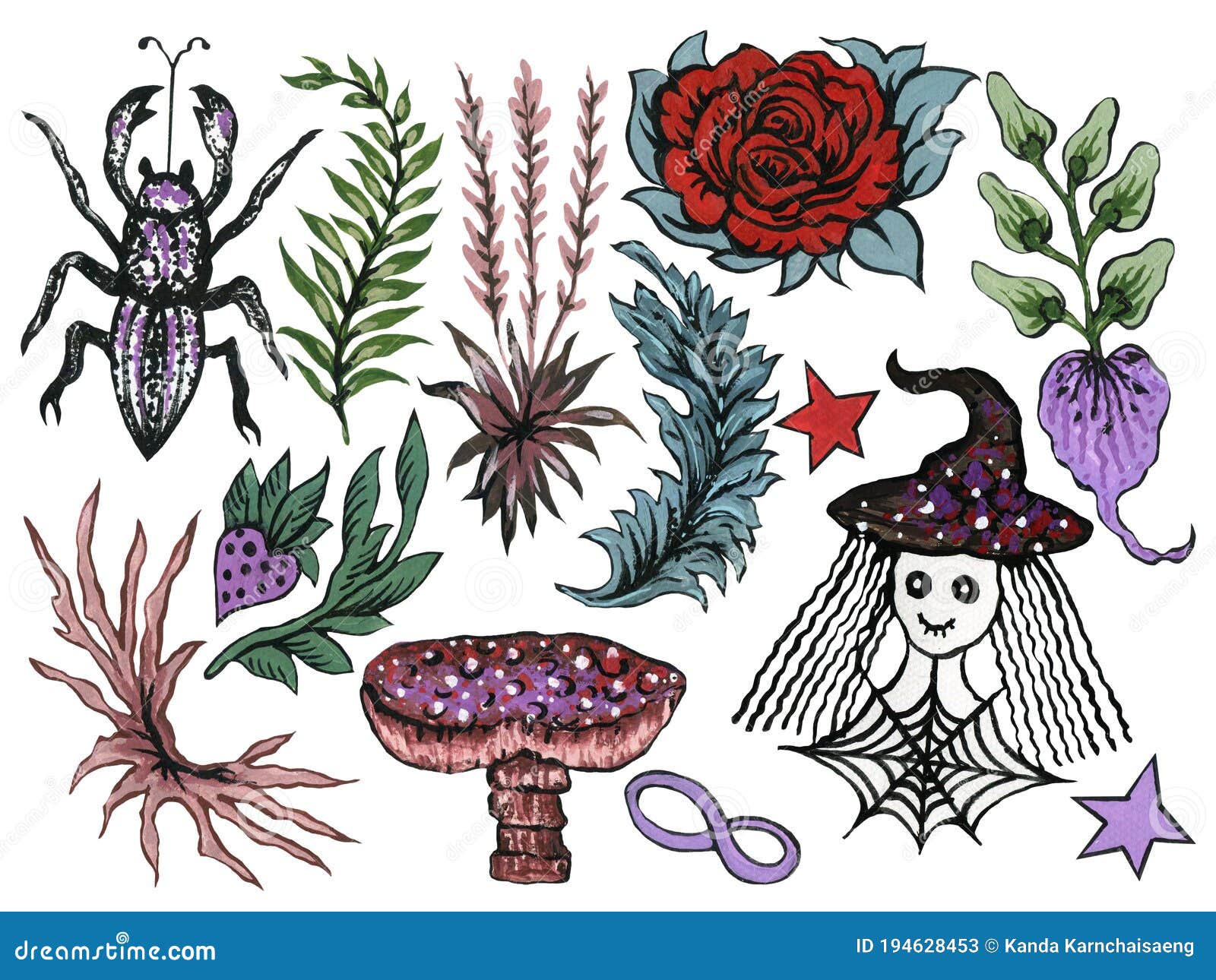 Watercolor Elements with Rose Flower, Monster Insect and Witchcraft ...