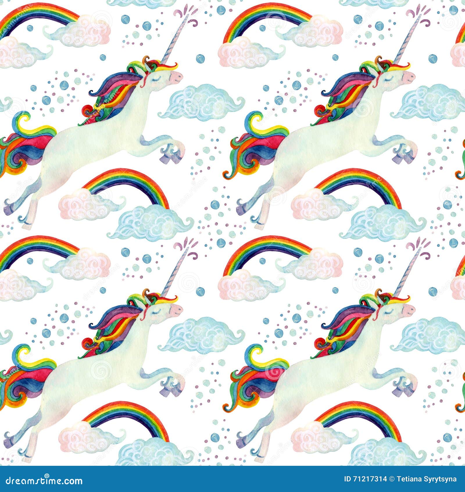 Watercolor Fairy Tale Seamless Pattern with Flying Unicorn, Rainbow ...