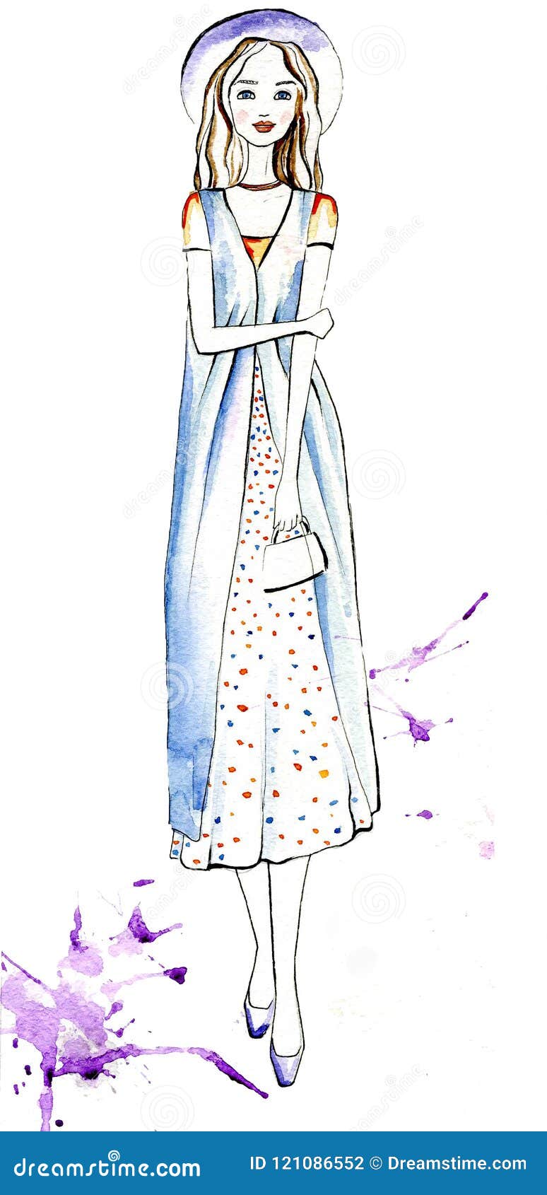 Watercolor Fashion Girl Staying in a Hat and Long Clothers on a Stock ...