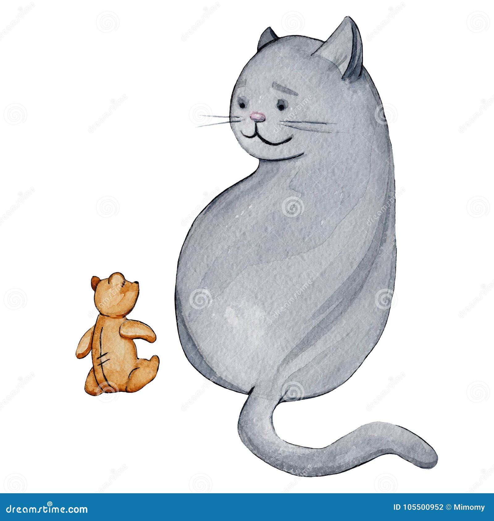 Watercolor Fat Cat With Teddy Bear Illustration Stock Illustration -  Illustration Of Grey, Cute: 105500952