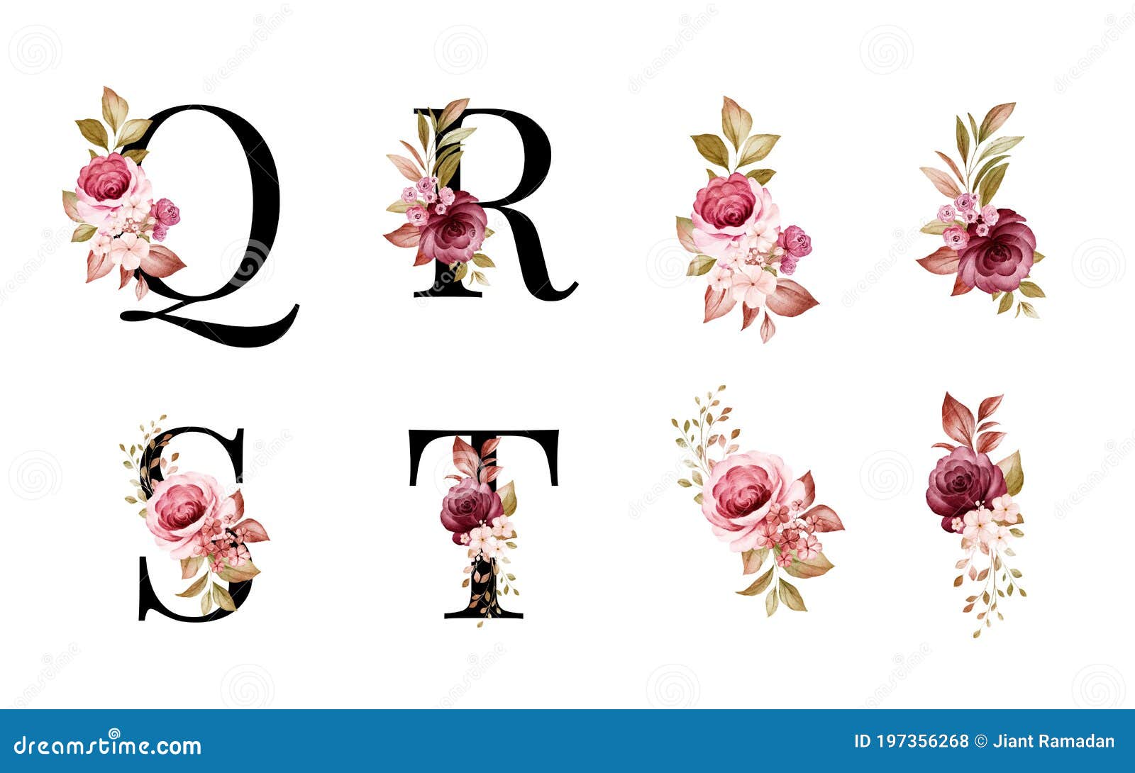Vetor de Watercolor floral alphabet set of U, V, W, X with red and brown  flowers and leaves. Flowers composition for logo, cards, branding, etc do  Stock