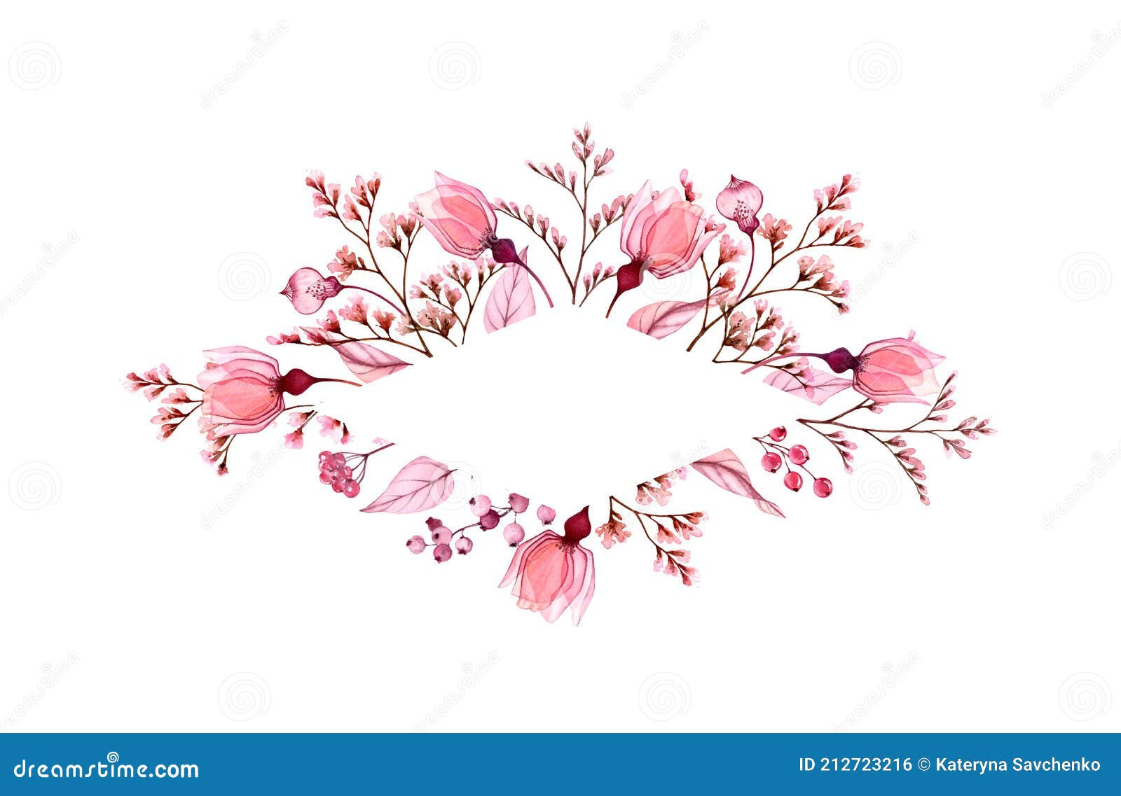 watercolor floral banner. rhomb frame for text. transparent rose flowers and leaves and berries. abstract background for