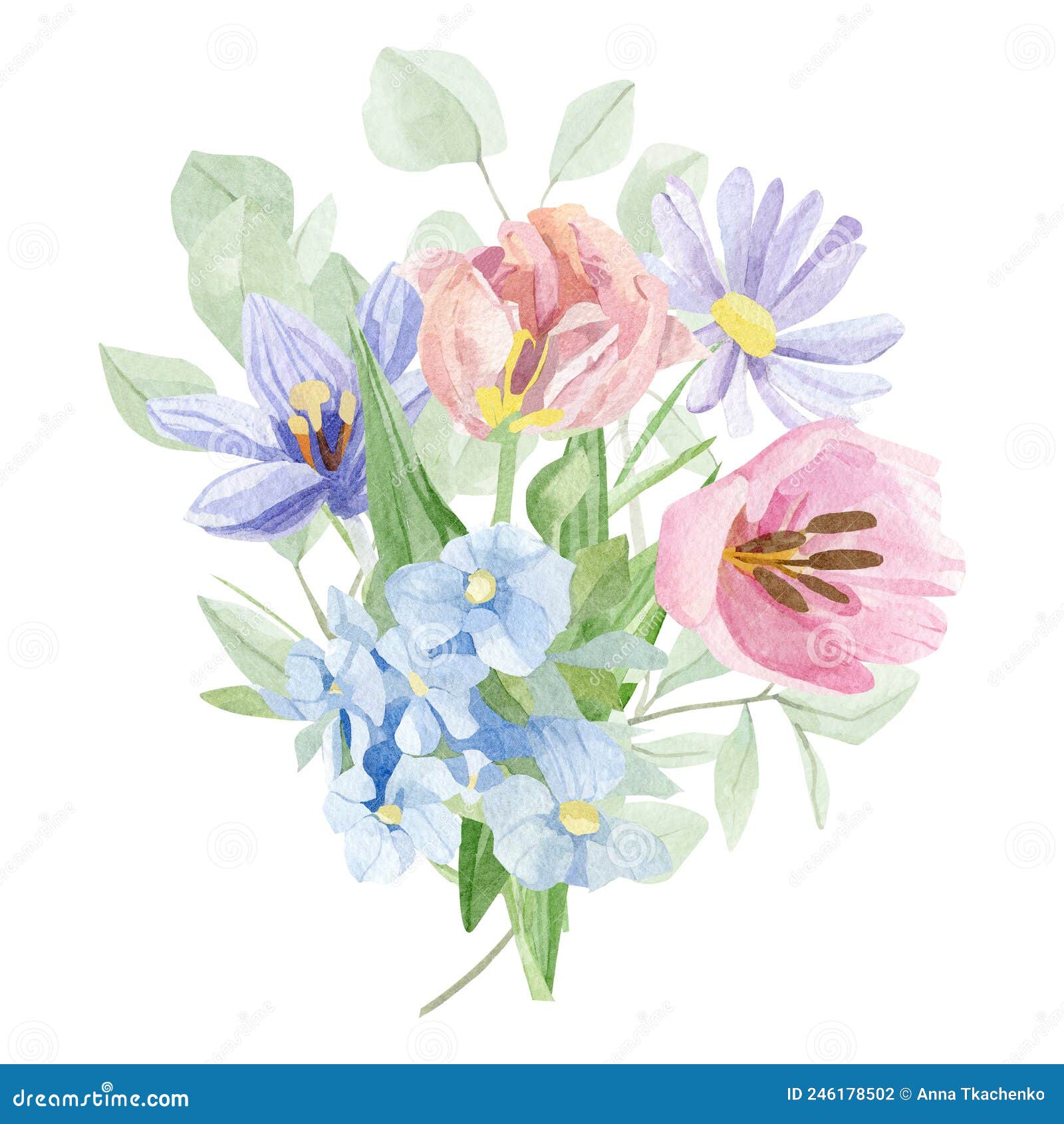Watercolor Floral Bouquet Illustration with Tulips, Wildflowers, Green ...