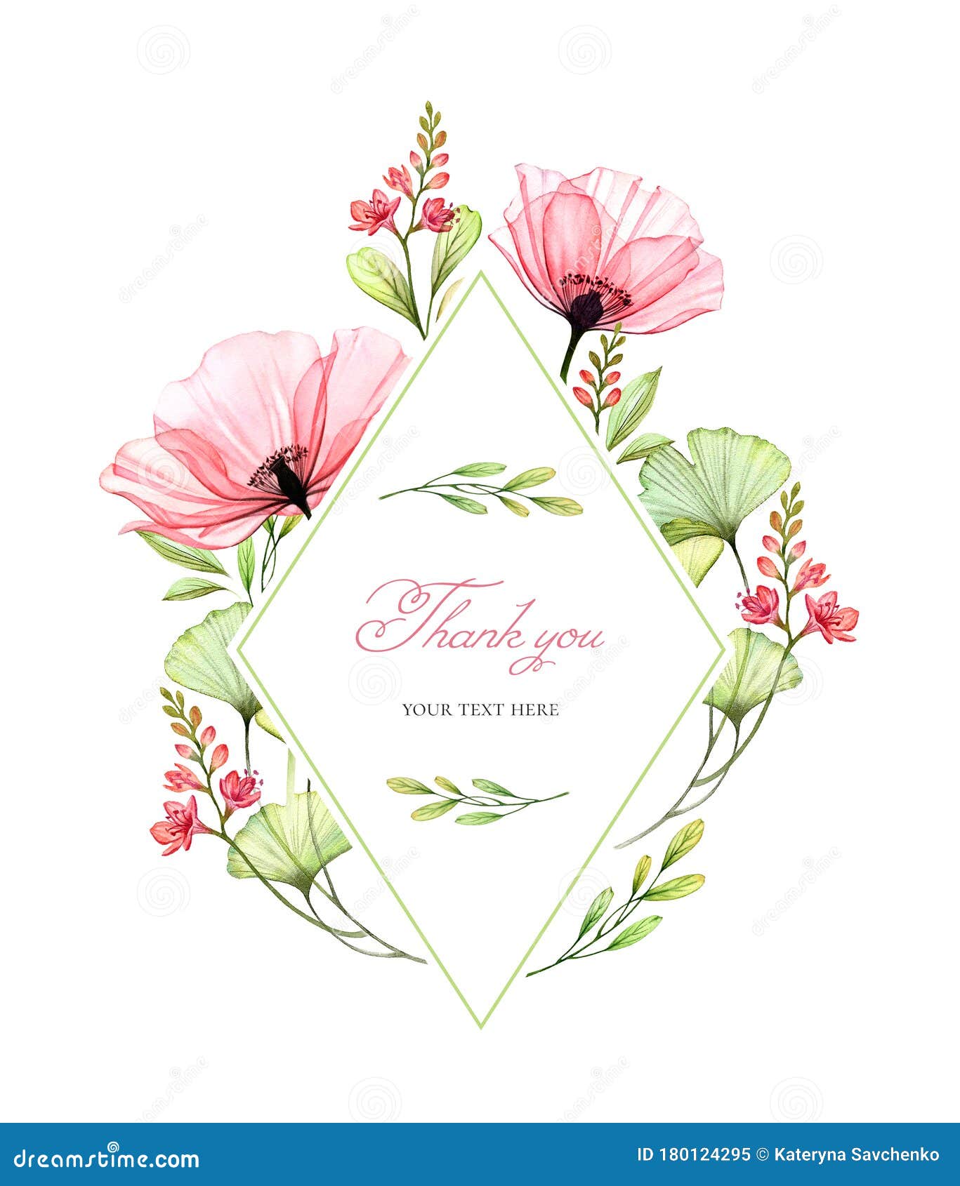 watercolor floral card template. vertical rhomb frame. transparent poppy flowers and thank you text. hand painted spring
