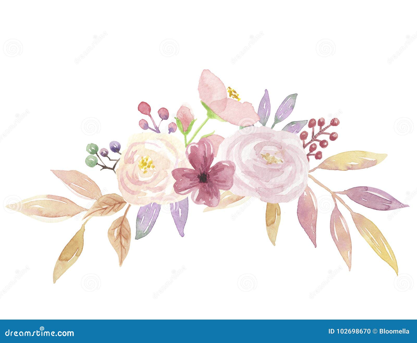 watercolor floral leaves berries mellow bouquet arch pink flowers