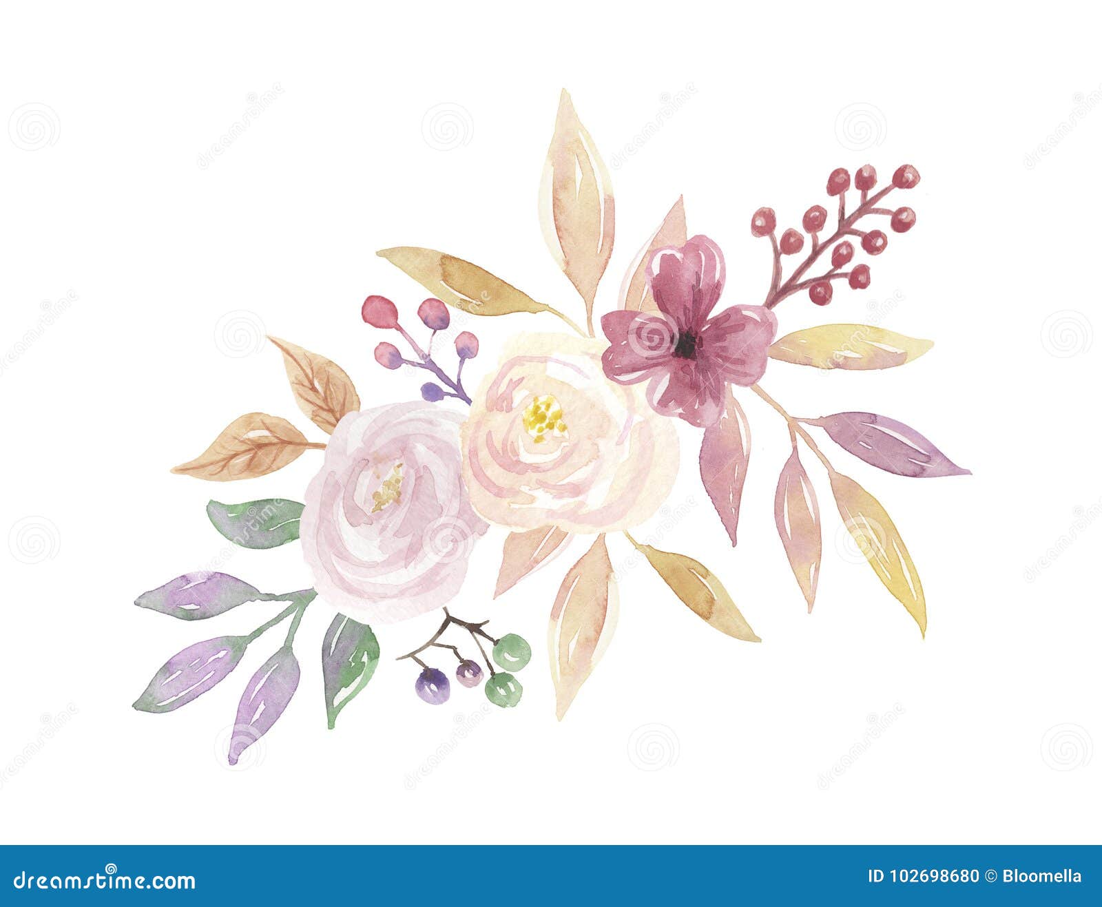 watercolor floral leaves berries mellow bouquet pink flowers