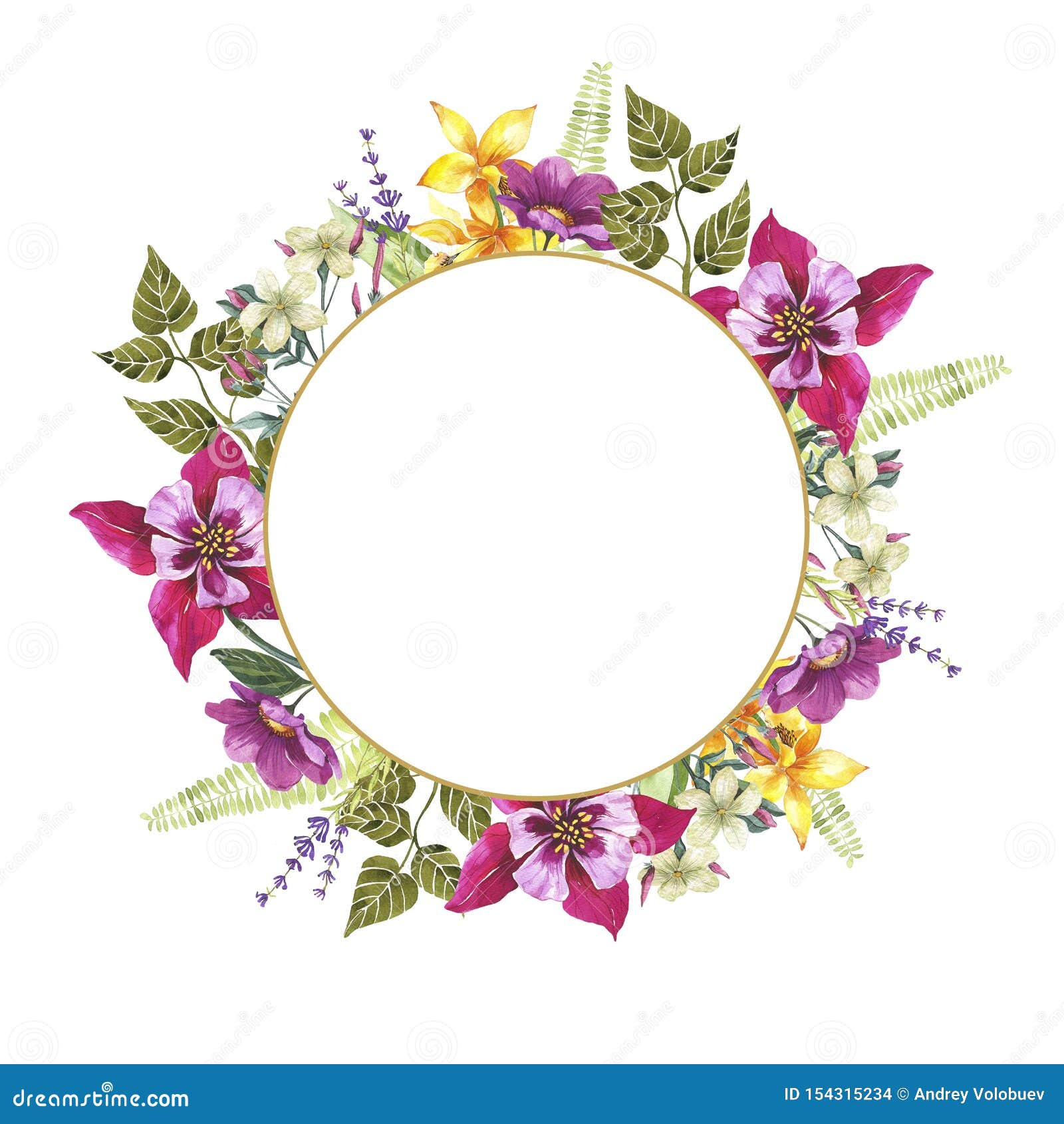Watercolor Floral Round Gold Frame Wedding Invitation Postcard Stock Illustration Illustration Of Design Foliage 154315234