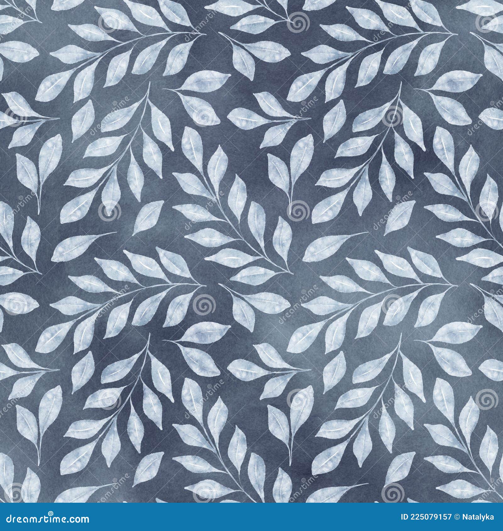 Watercolor Floral Seamless Pattern with Blue Leaves and Branches on ...