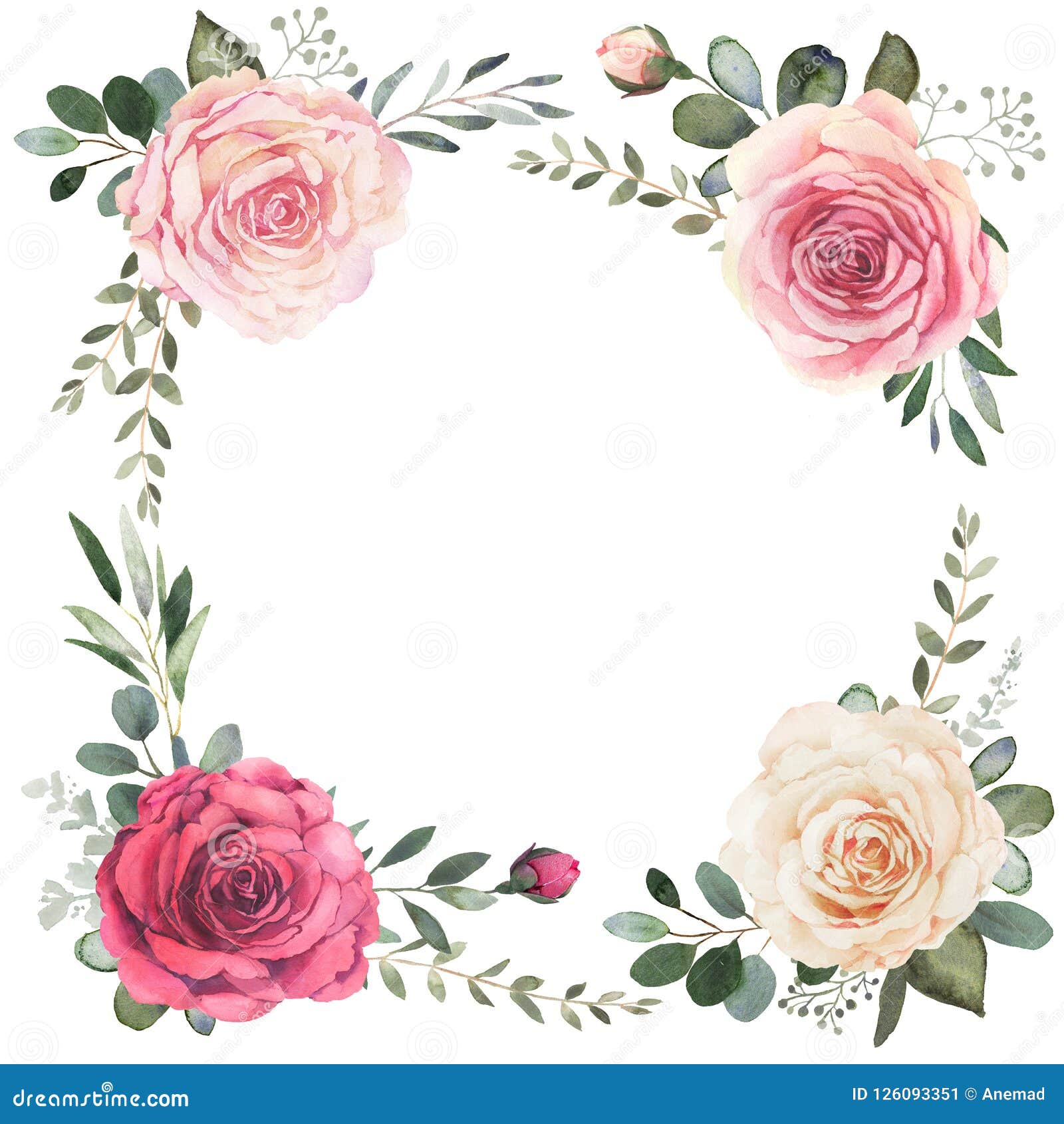 Watercolor Floral Wreath with Roses and Eucalyptus Stock Illustration ...