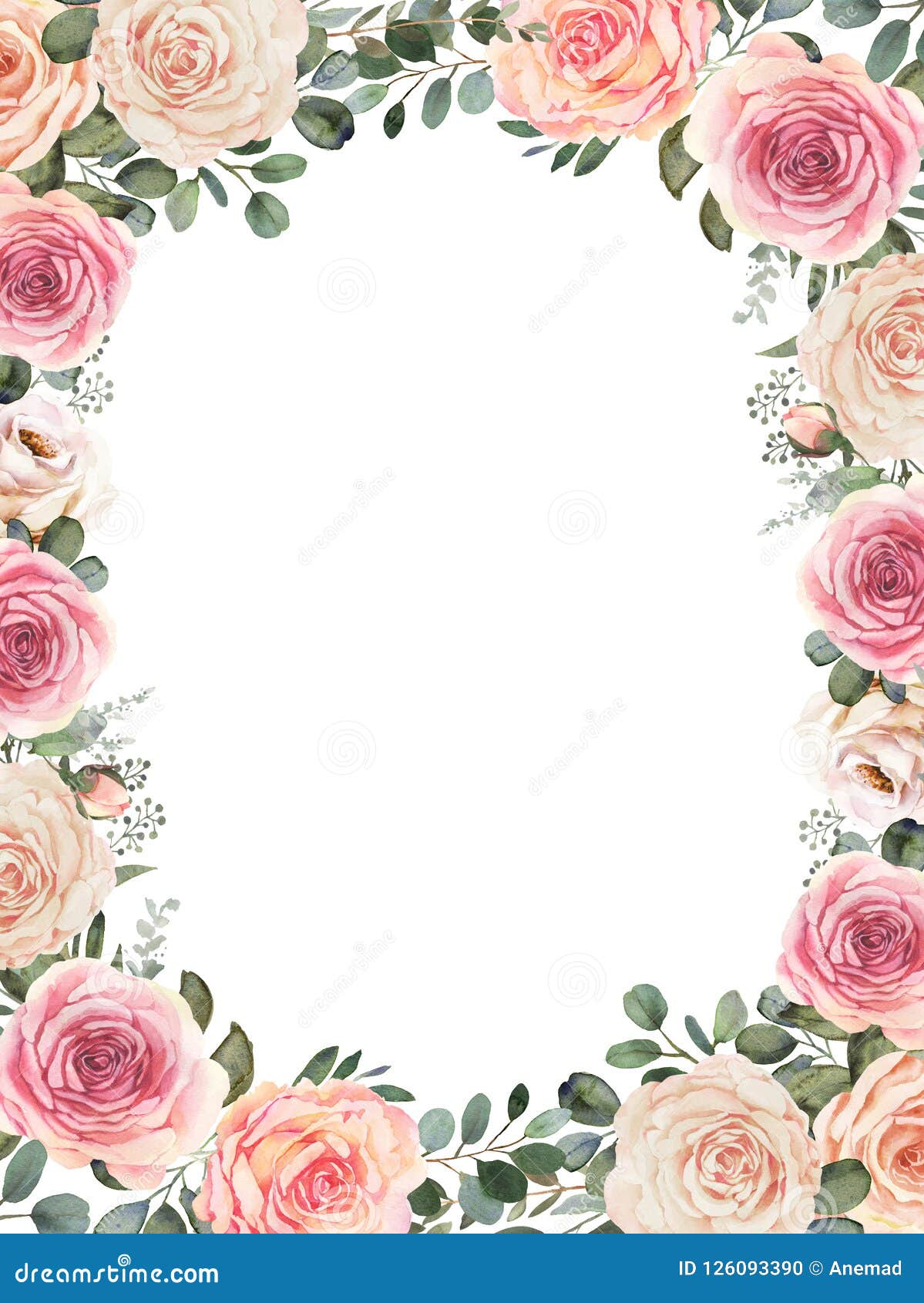 Watercolor Floral Wreath with Roses and Eucalyptus Stock Illustration ...