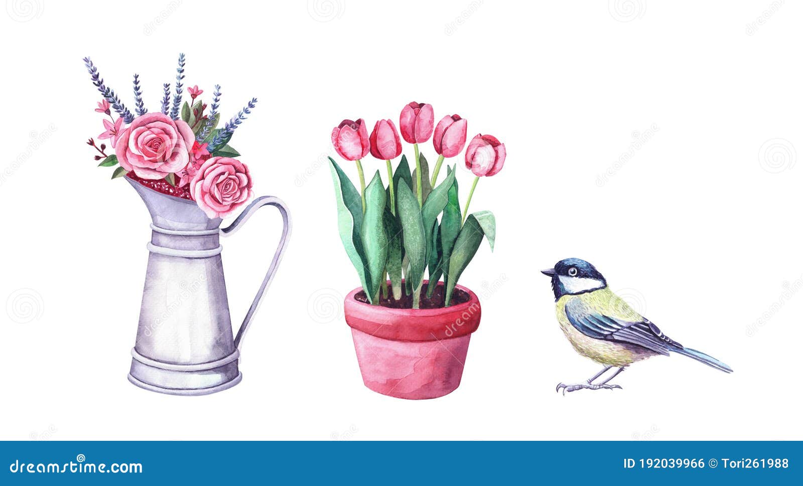Download Watercolor Flower Arrangement In A Pitcher, Tit Bird And ...