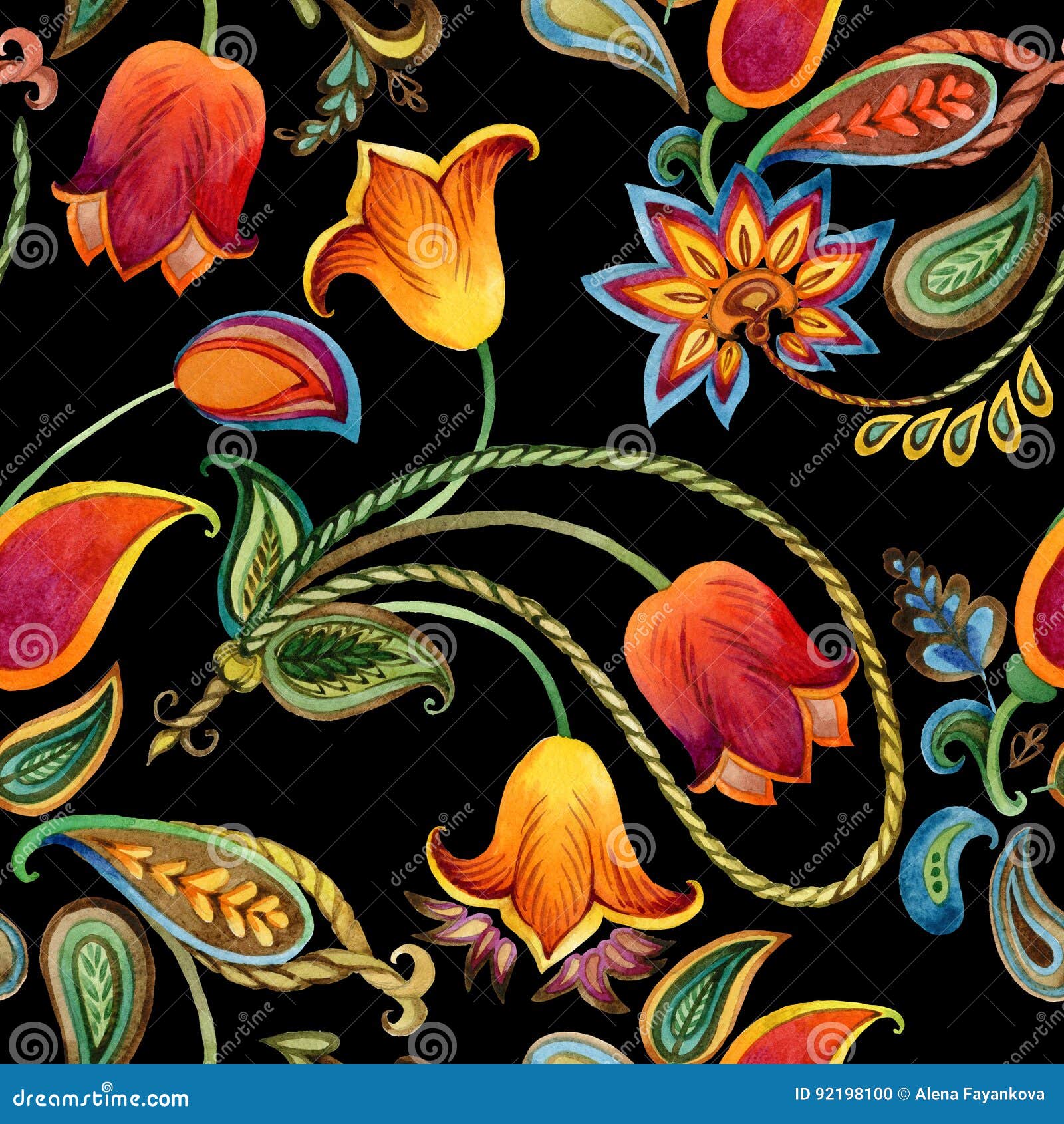 watercolor flower paisley pattern. seamless indian motif background.