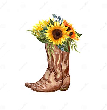Watercolor Flowers in Boots. Cowboy Boot and Sunflowers. Farmhouse ...