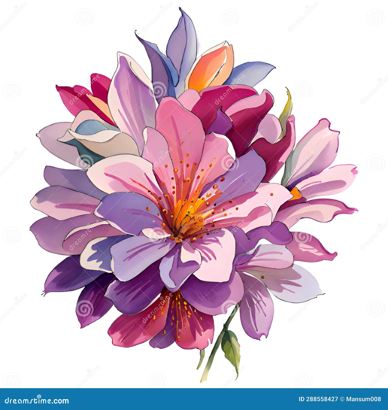 Watercolor Flowers on White Background, AI Generated Stock Illustration