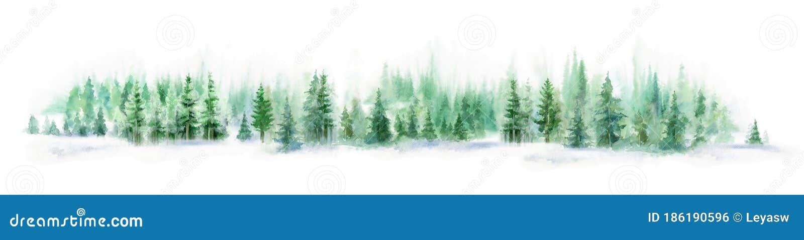 watercolor forest landscape panorama. misty blue fir forest. wild nature, frozen, misty, taiga. abstract long horizontal