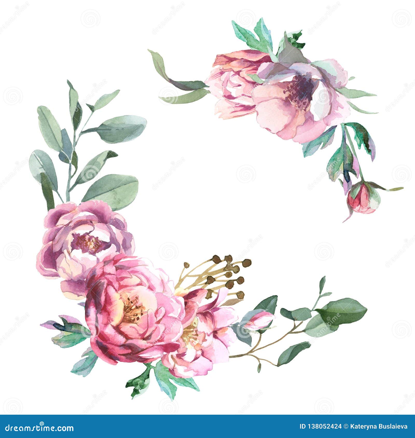 Watercolor Frae of Peony and Blosom Flowers Isolate in White Background ...