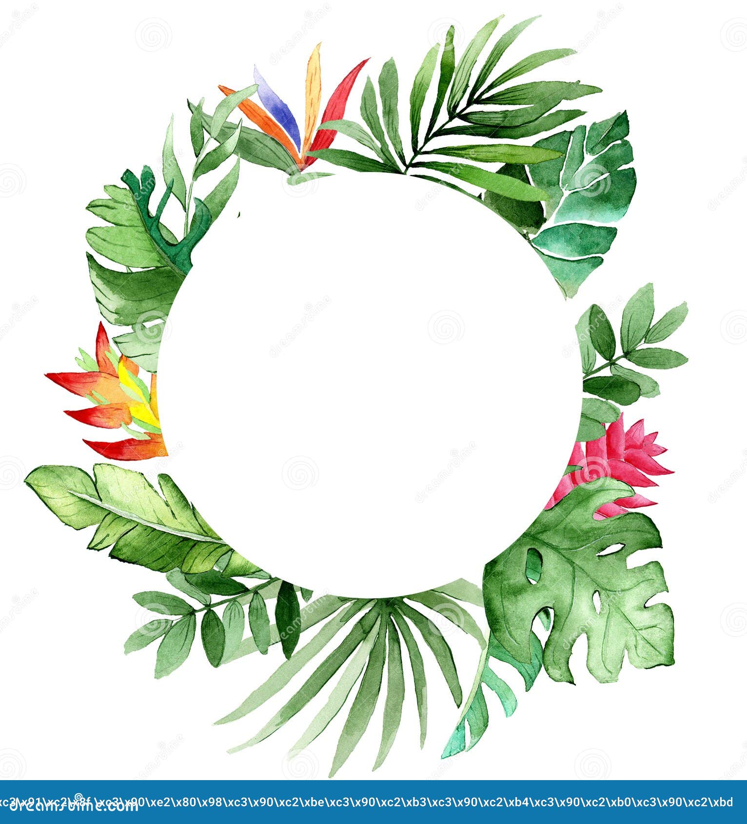 Watercolor Frame with Tropical Leaves and Flowers. Invitation. Place ...