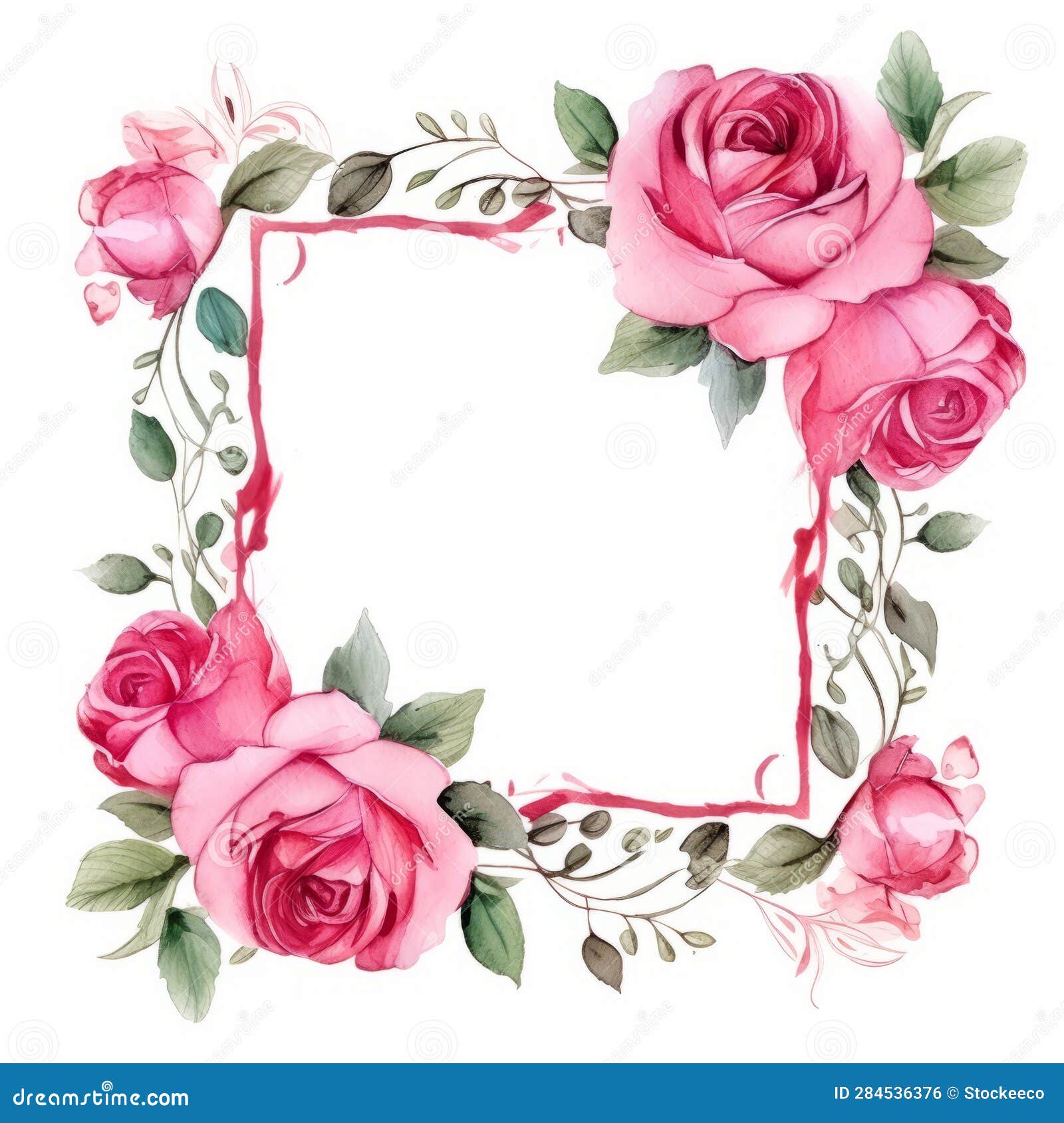 Watercolor Pink Rose Frame on White Background Stock Illustration ...