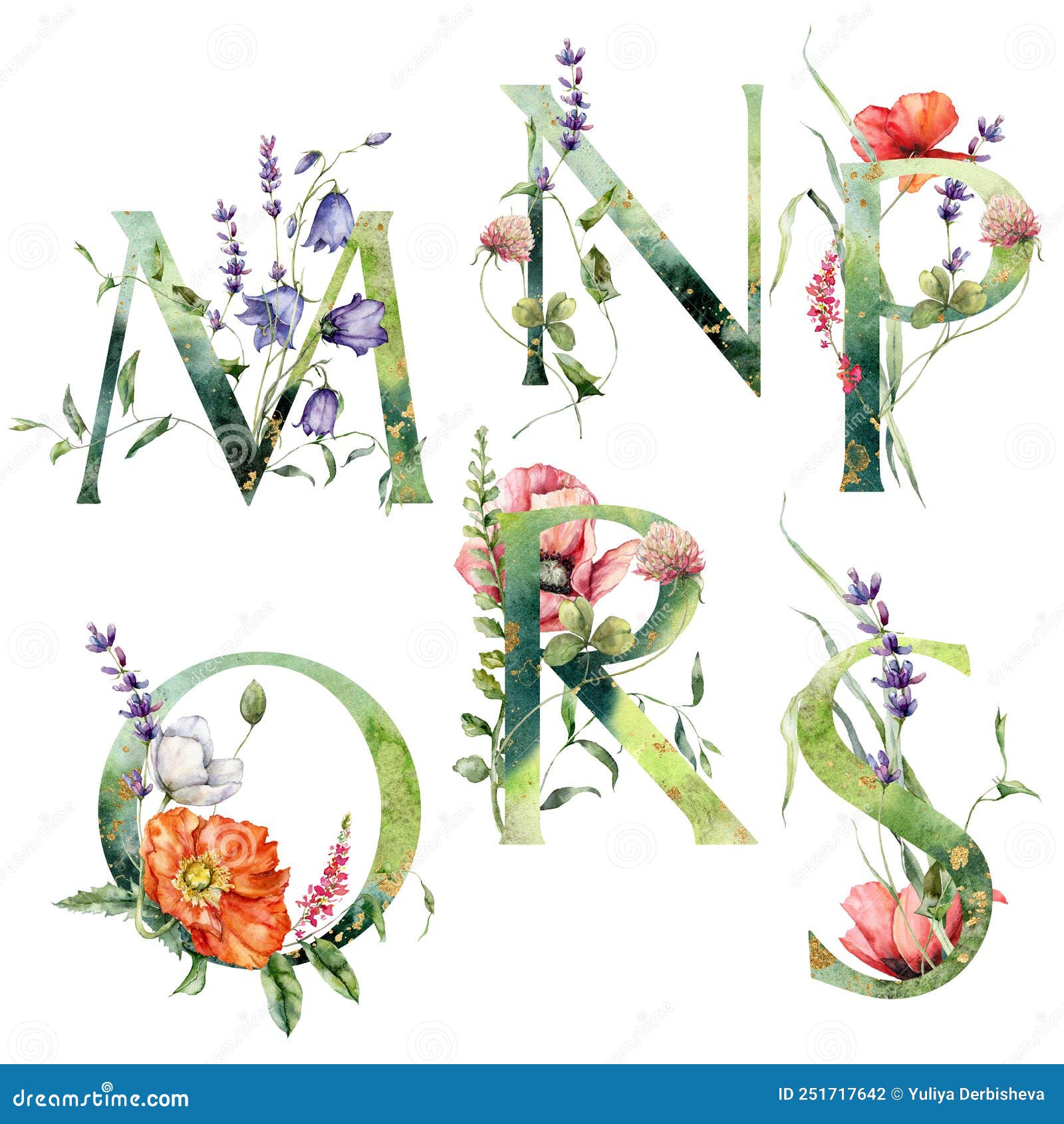 Watercolor Frolal Alphabet Set of M, N, P, O, R, S with Wild Flowers ...