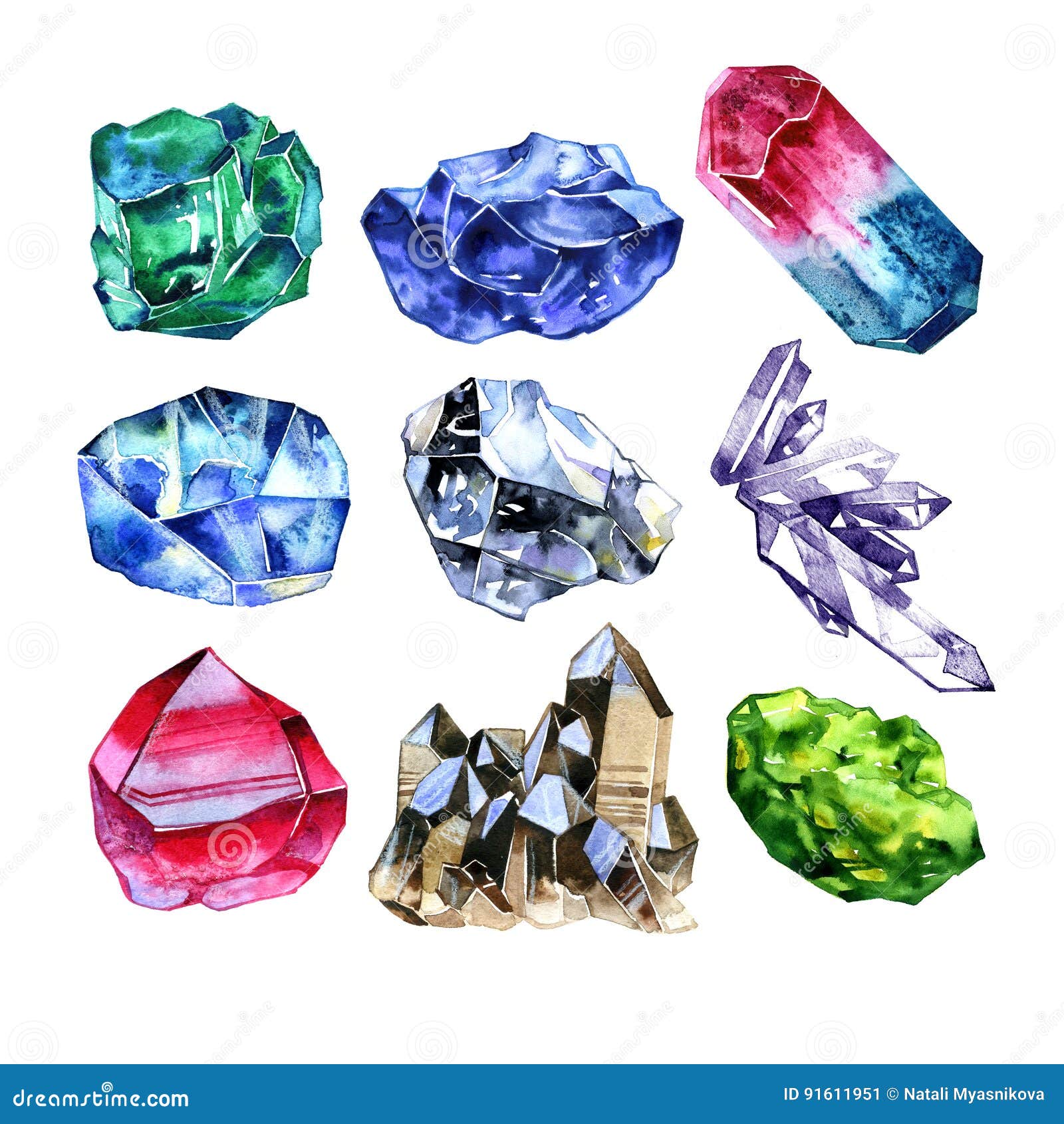 Watercolor Gem Stones Set. Hand Painted Crystals Isolated on White  Background. Bright Design Elements Stock Illustration - Illustration of  collection, blue: 91611951