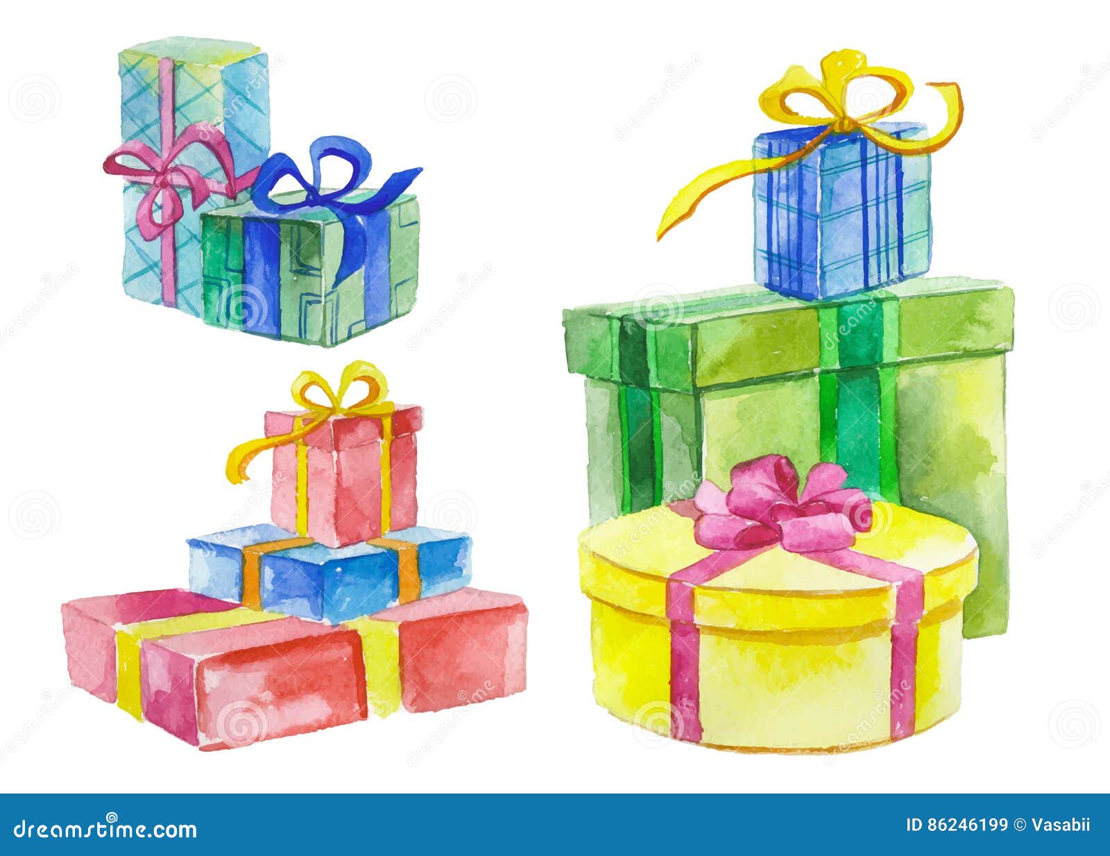 Watercolor gift boxes stock vector. Illustration of object 86246199