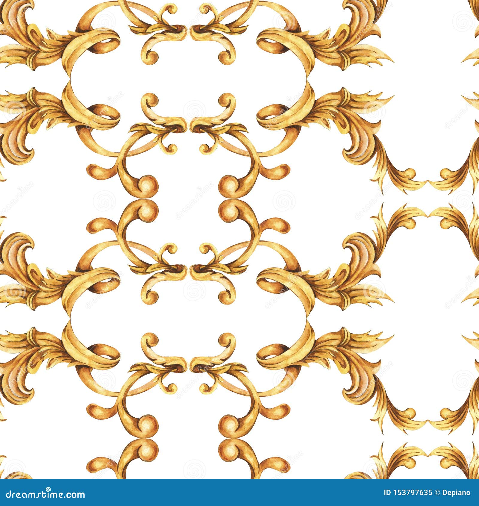 Watercolor Golden Baroque Seamless Pattern, Rococo Ornament Texture ...