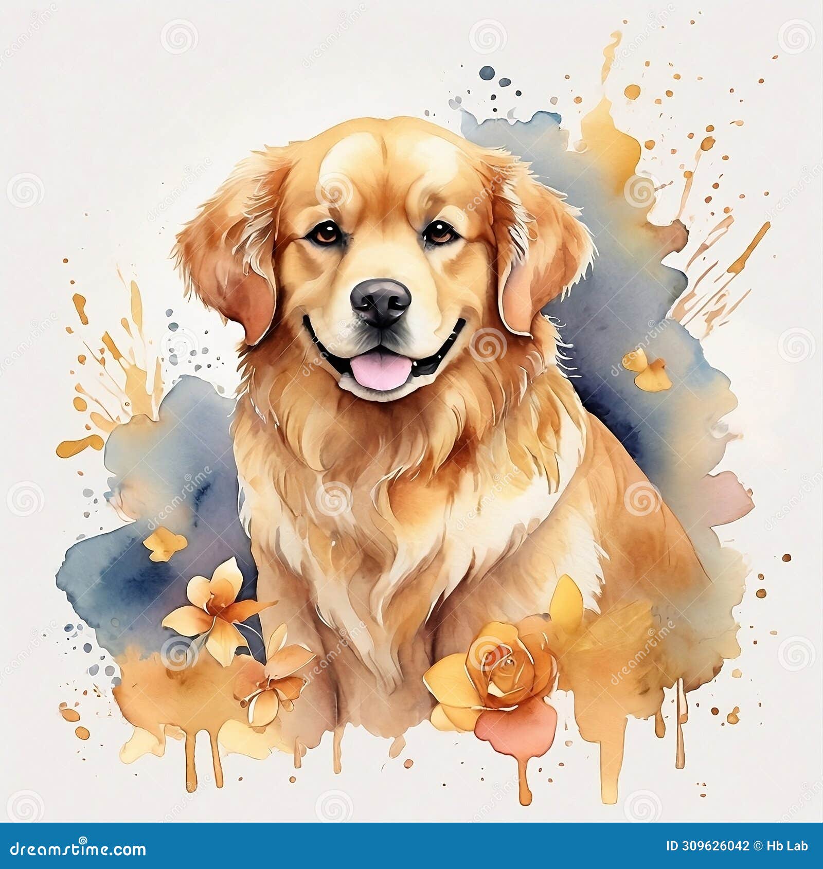 watercolor golden retriever clipart with orange flowers and blue background, aquarela, colorfully. ai generative