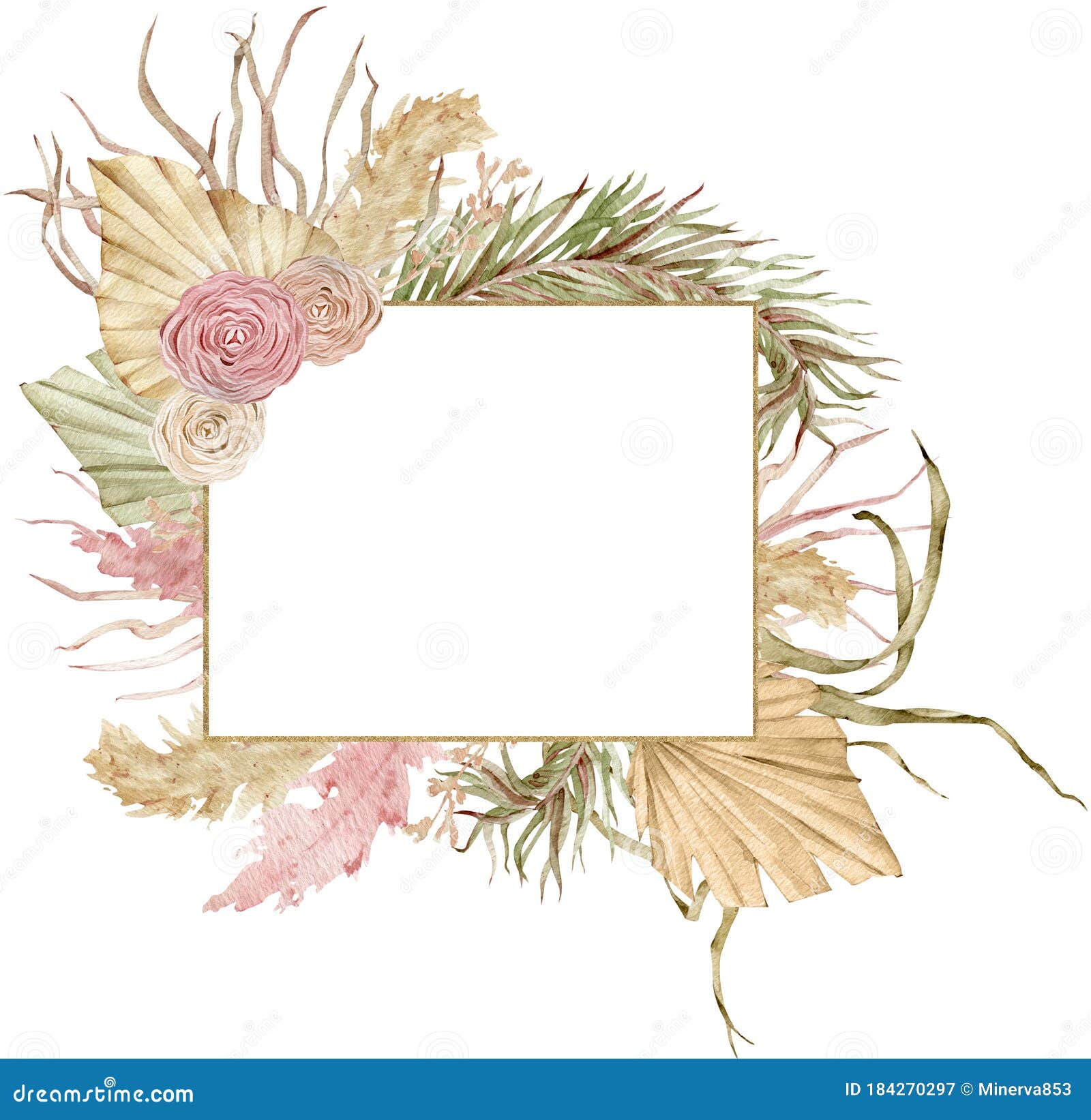 Palm Leaves Floral Wedding Clipart Tropical Rose Gold Frame Earthy Tone Beige Roses Watercolor Flowers Boho Floral Frame Dried Leaves