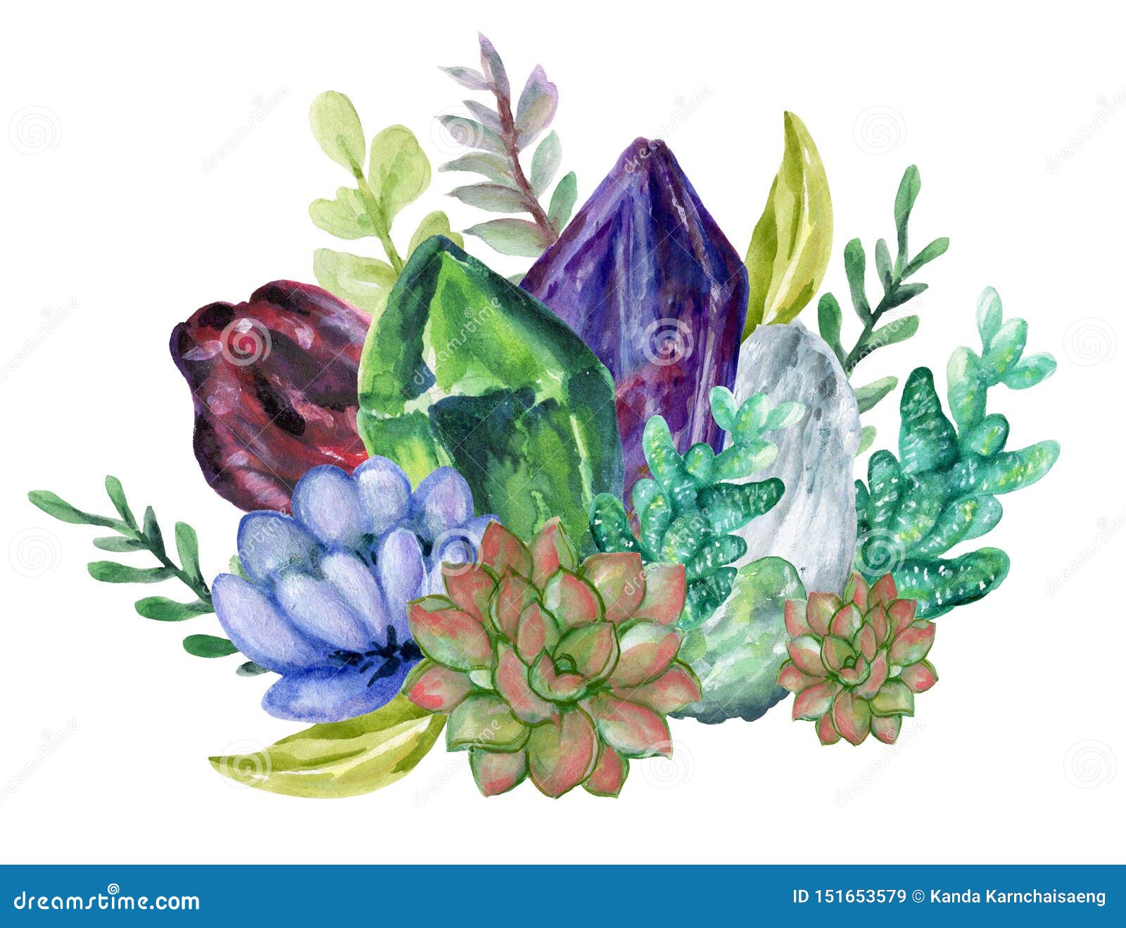 watercolor gouache elegant vintage crystal stone and gemstones with flower succulants and foliage leaf bouquet wreath hand painted