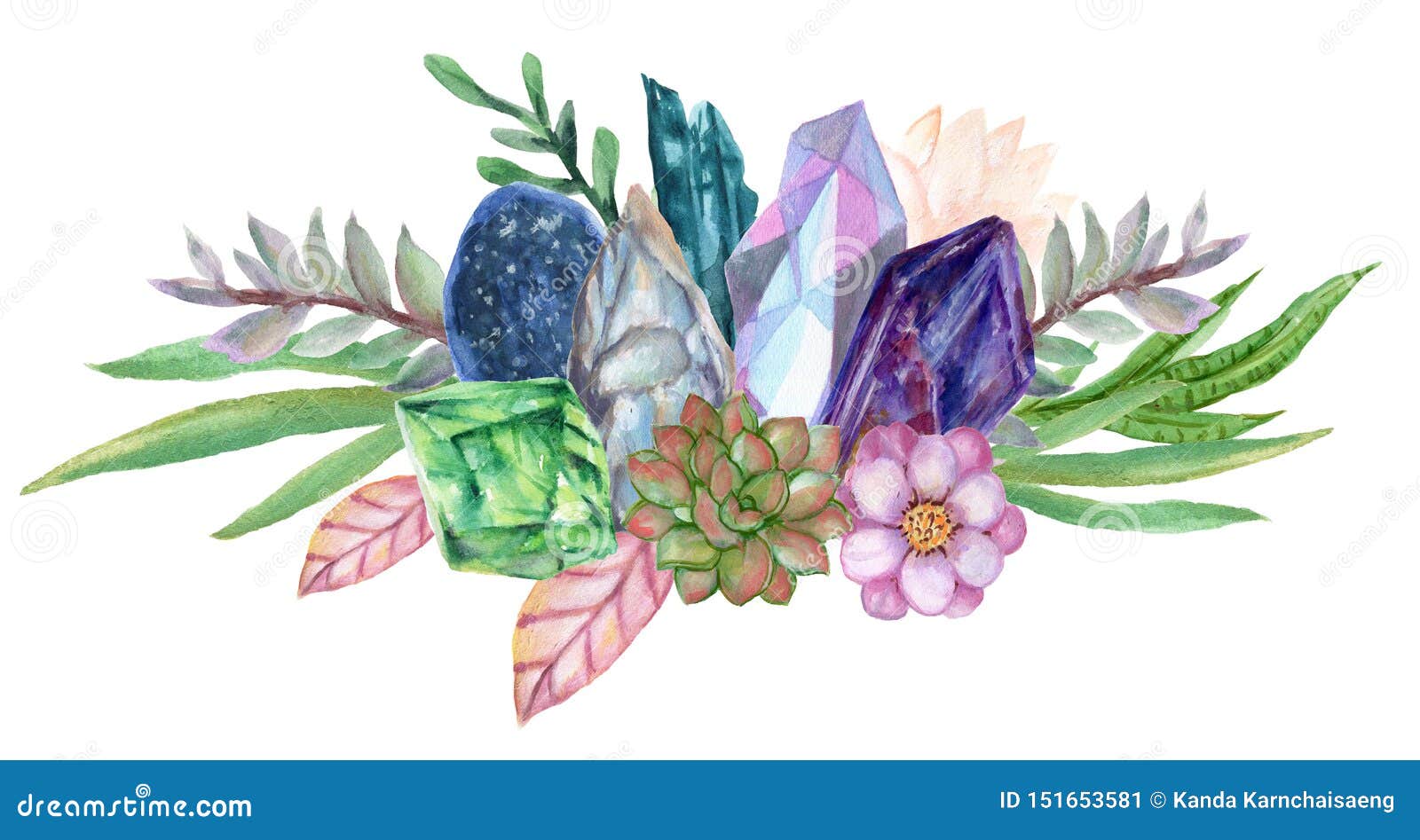 watercolor gouache elegant vintage crystal stone and gemstones with flower succulants and foliage leaf bouquet wreath hand painted