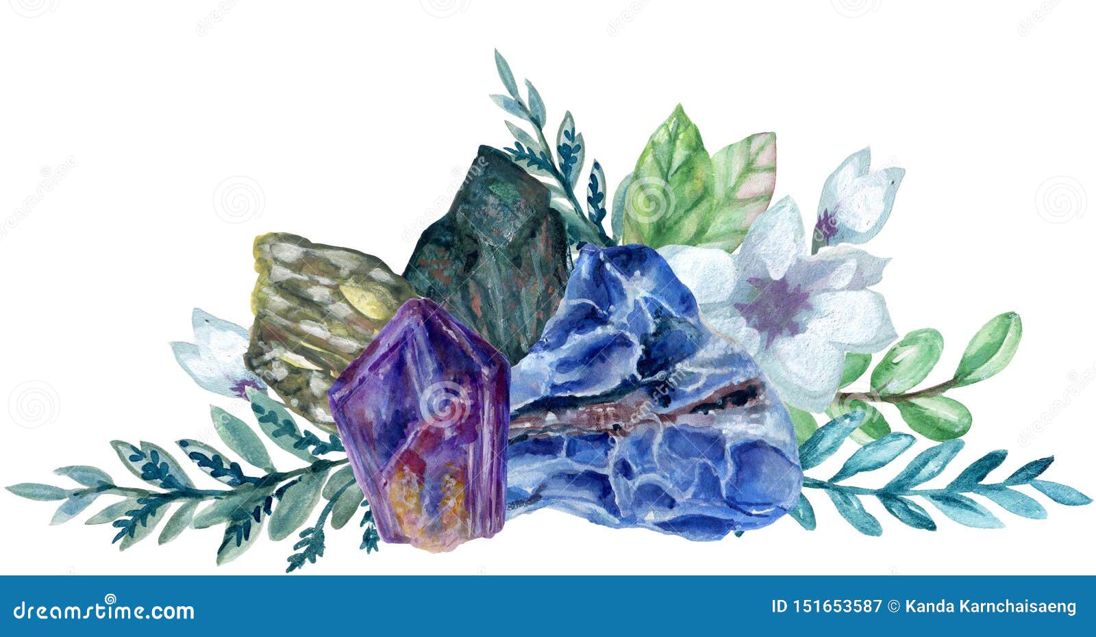 watercolor gouache elegant vintage crystal stone and gemstones with flower succulants and foliage leaf bouquet wreath hand painted