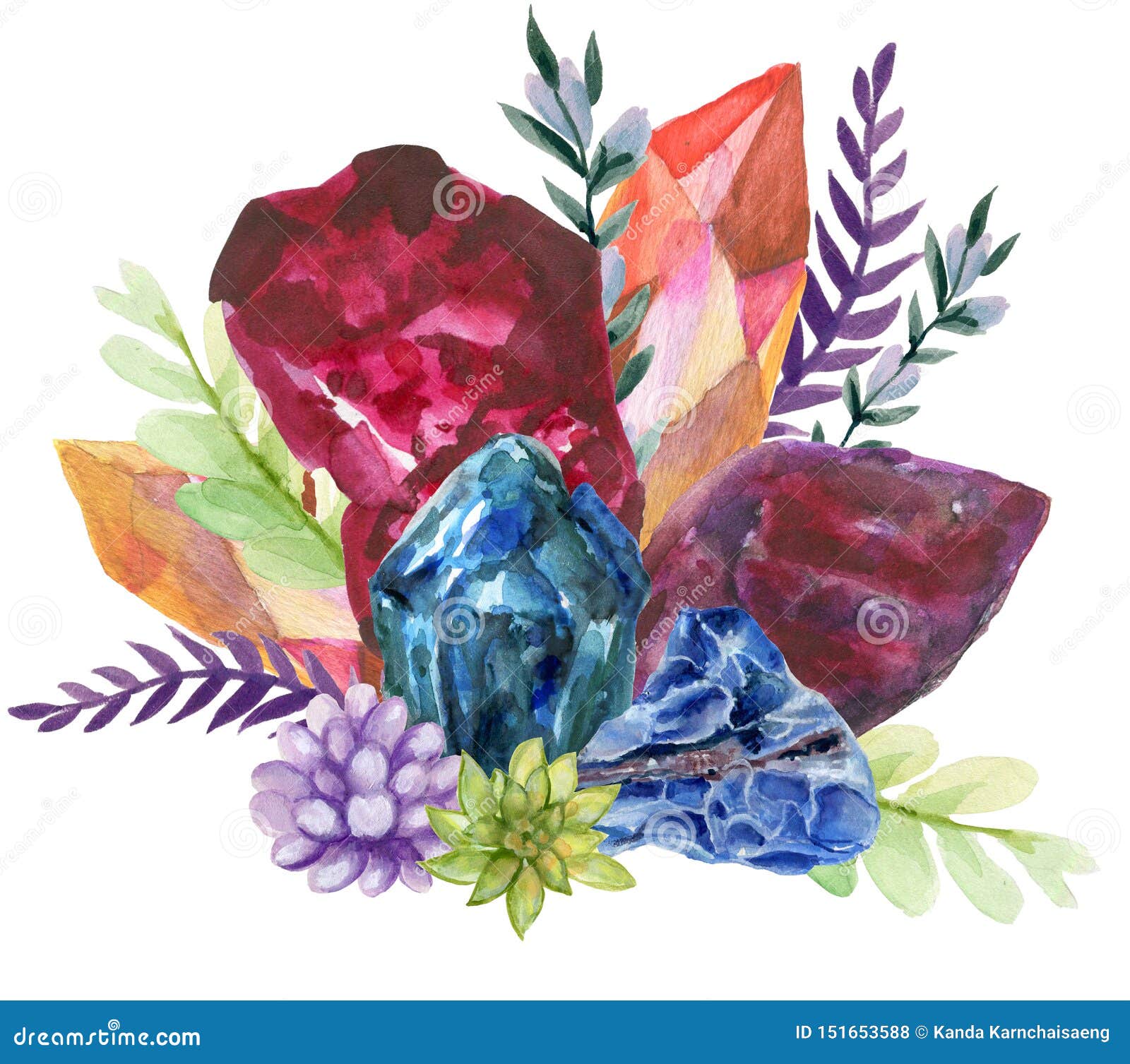 watercolor gouache elegant vintage crystal stone and gemstones with flower succulants and foliage leaf bouquet wreath hand painted