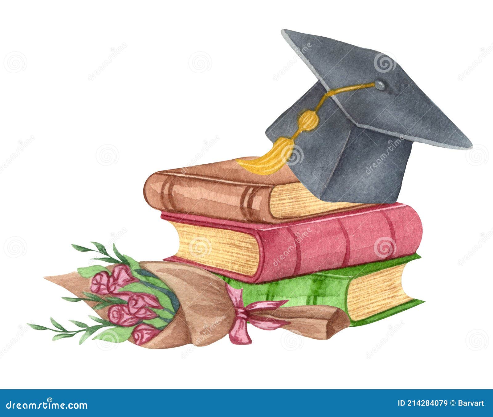 Watercolor Graduation Set Of Graduation Cap Flowers And Stack Of Books
