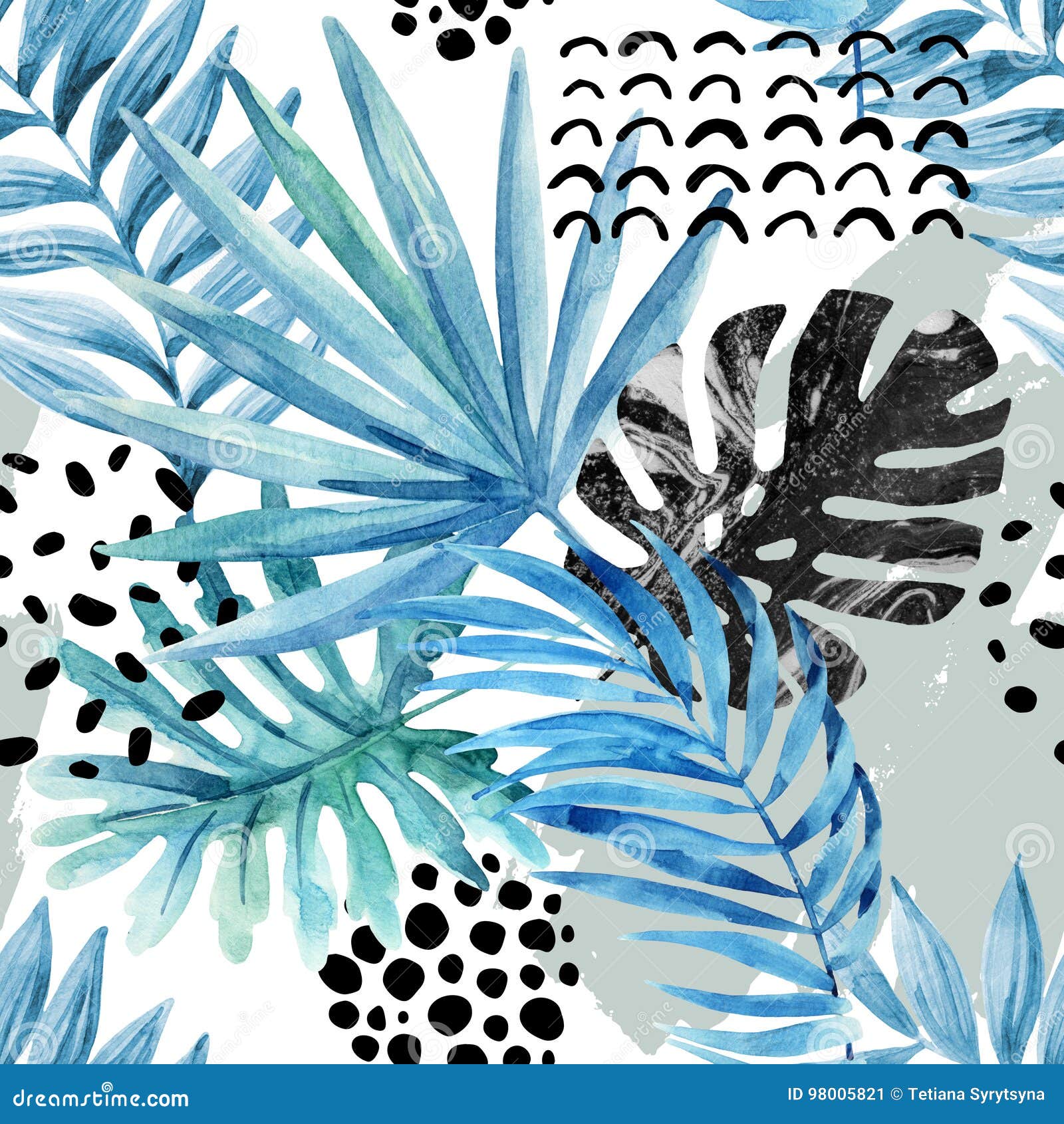 watercolor graphical : tropical leaves, doodle s on grunge background.