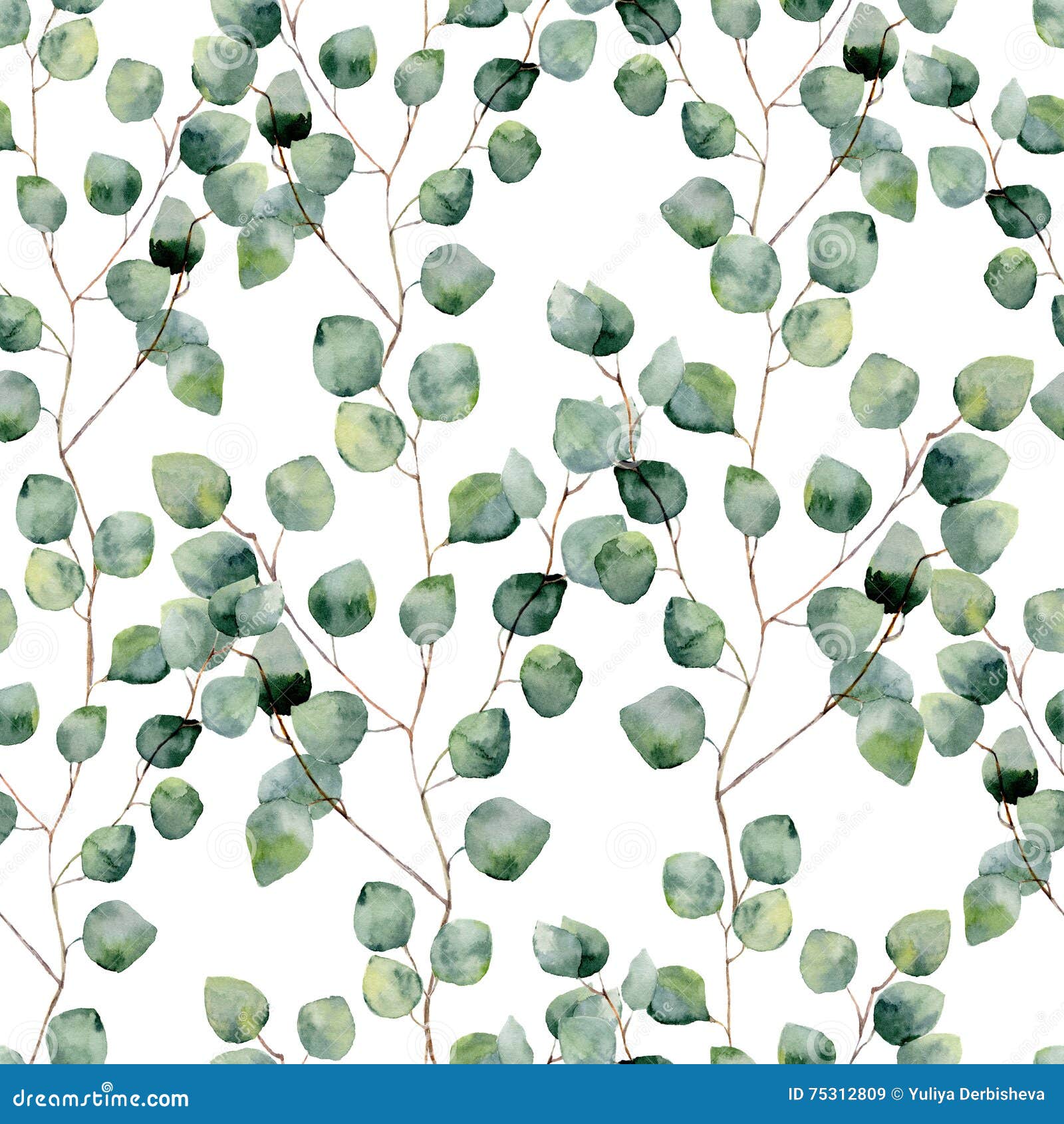 watercolor green floral seamless pattern with eucalyptus round leaves
