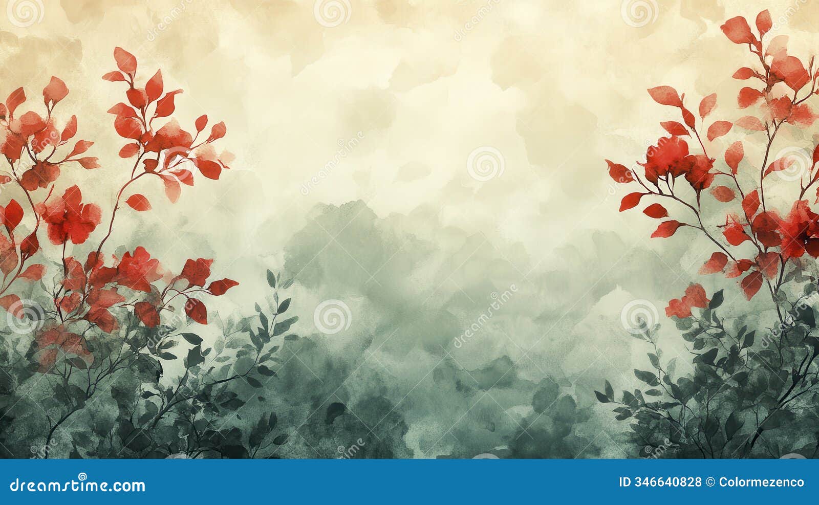 watercolor green and red foliage in abstract composition