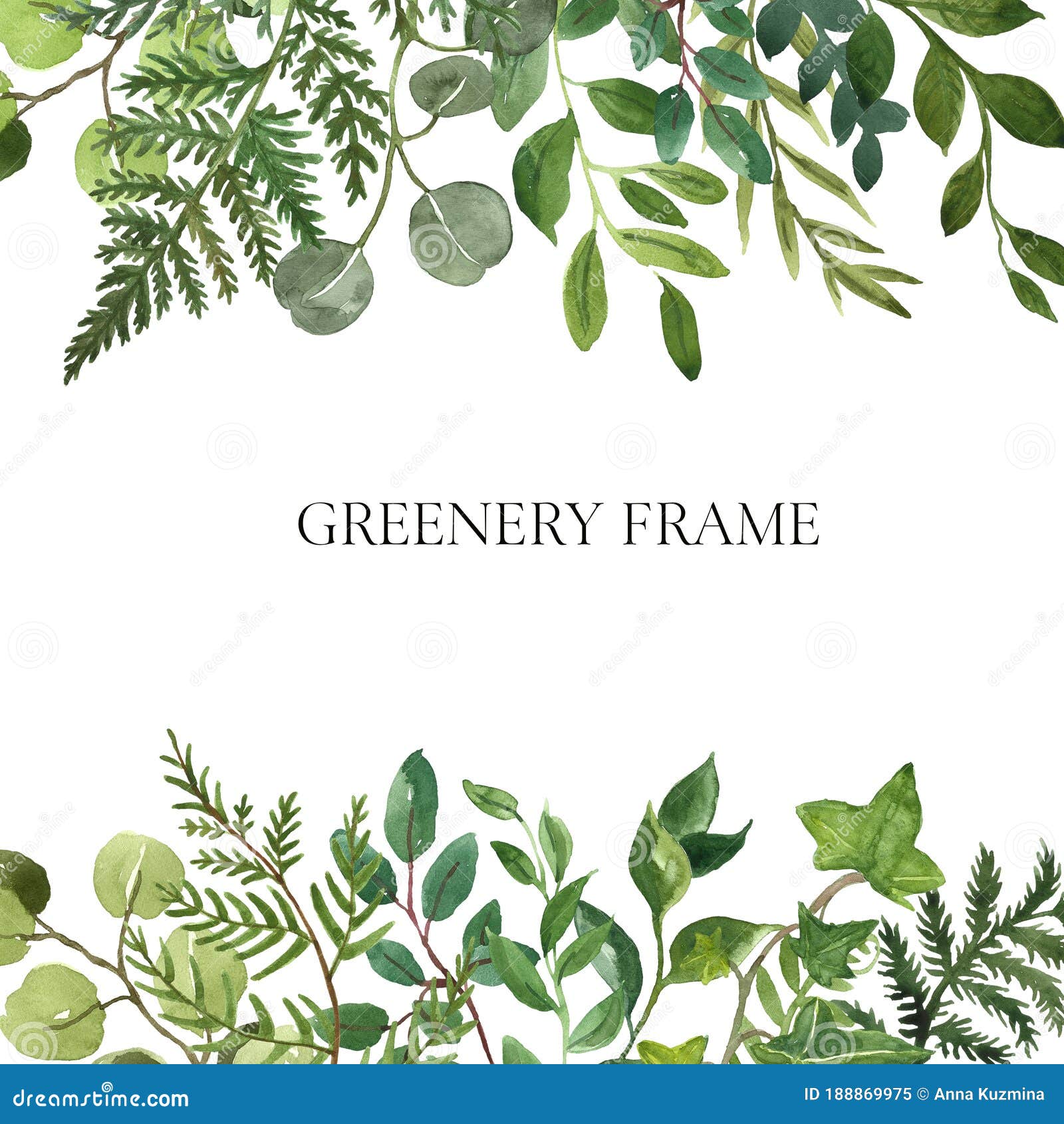 watercolor botanical frame with lush greenery, herbs and green leaves on white background. modern foliage frame. floral invitation