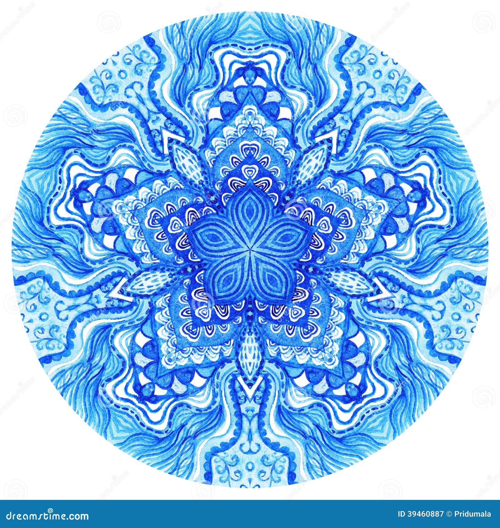 watercolor gzhel. doily round lace pattern, circle background wi