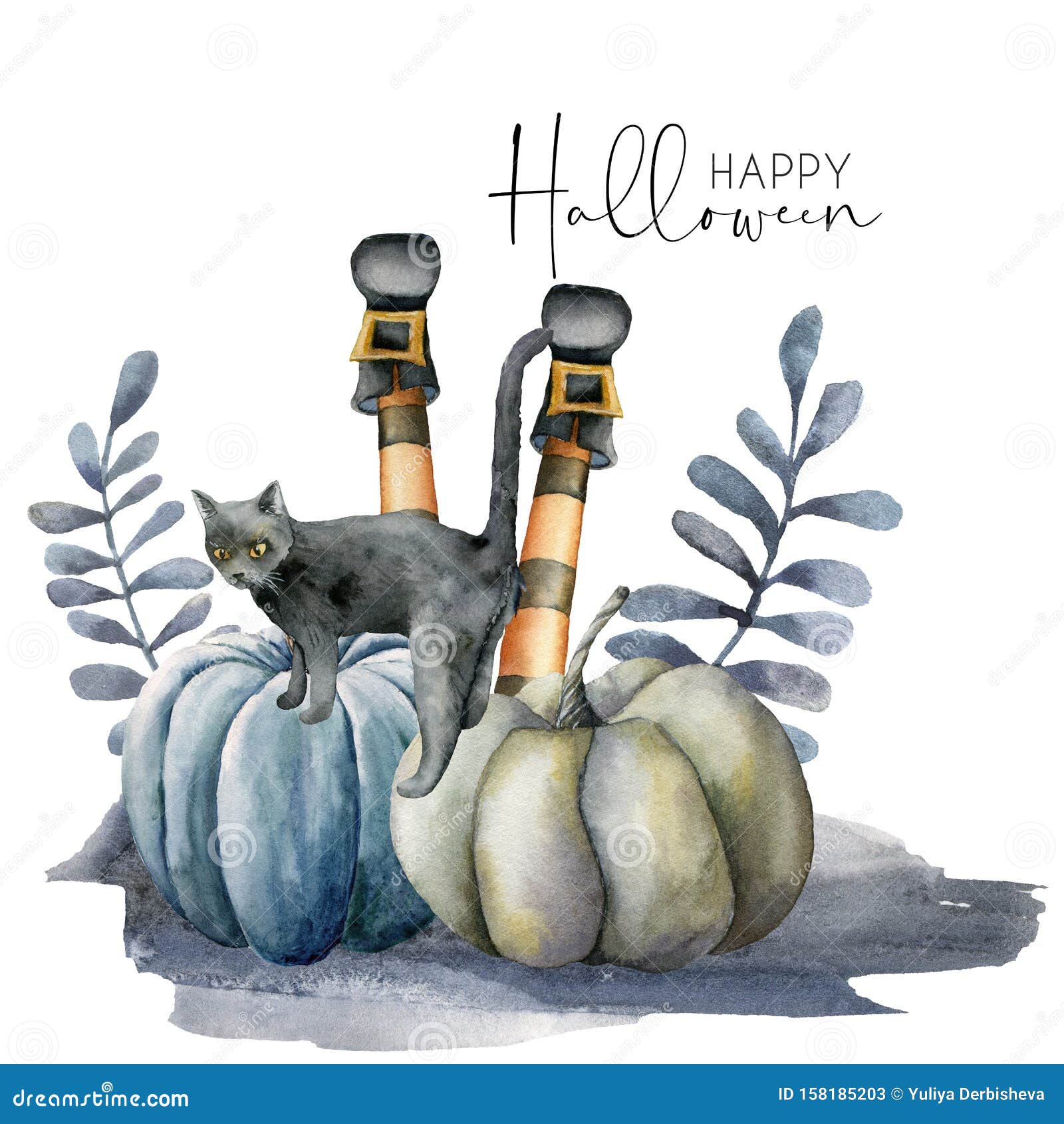watercolor halloween card with cat and pumpkins. hand painted holiday template with gourds, tomcat and feet witch