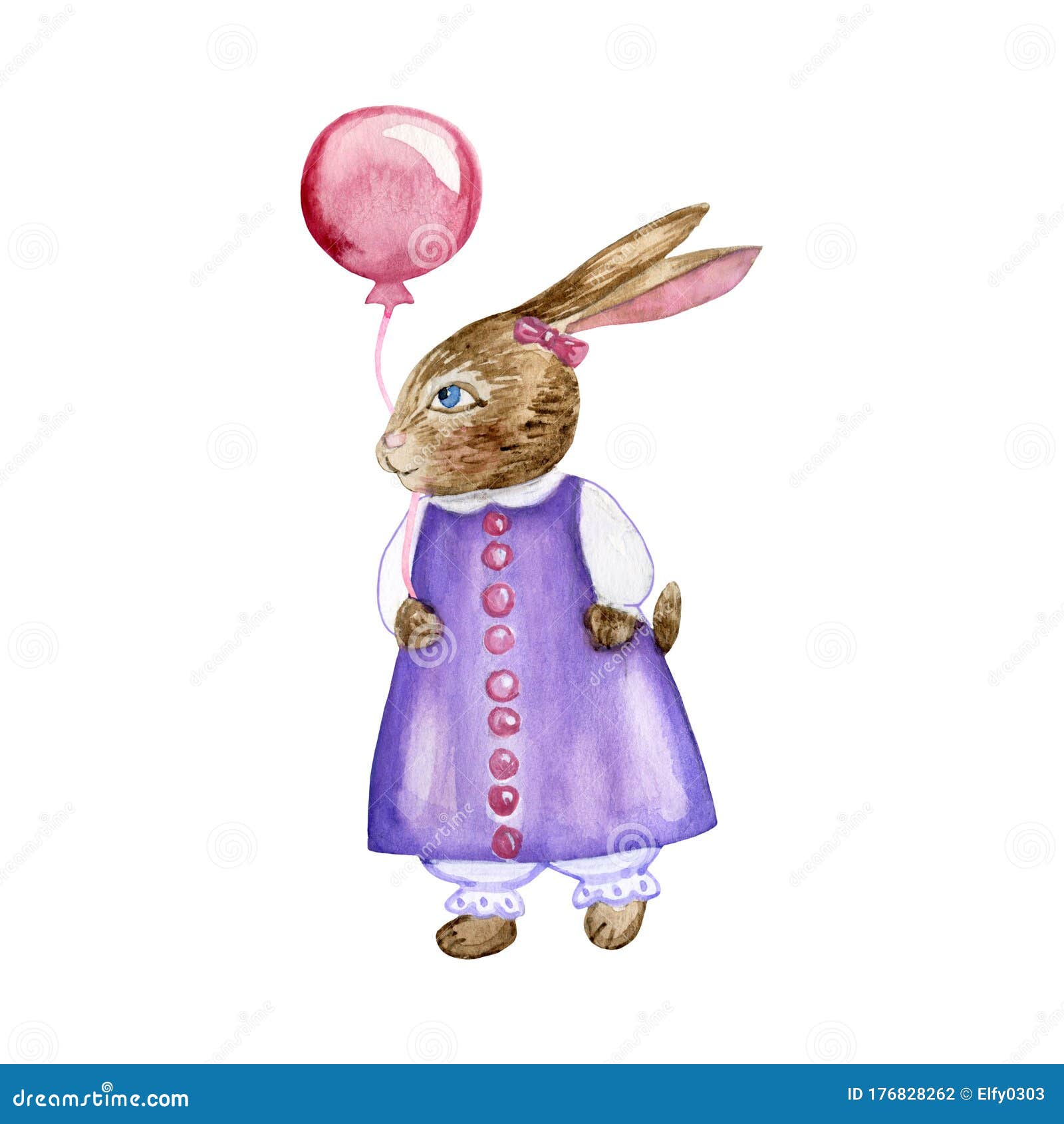 Watercolor Hand Drawn Illustration of Bunny Girl in Violet Dress and ...