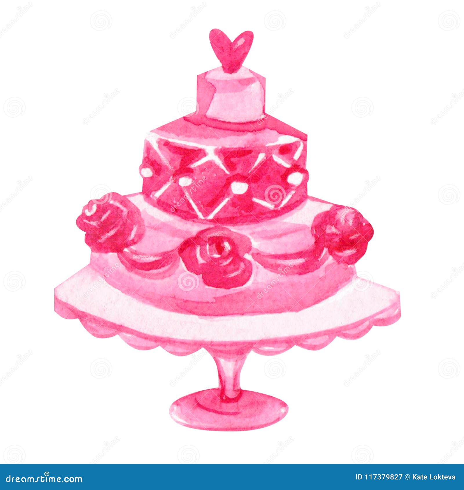 watercolor hand drawn pink cake  on white background.