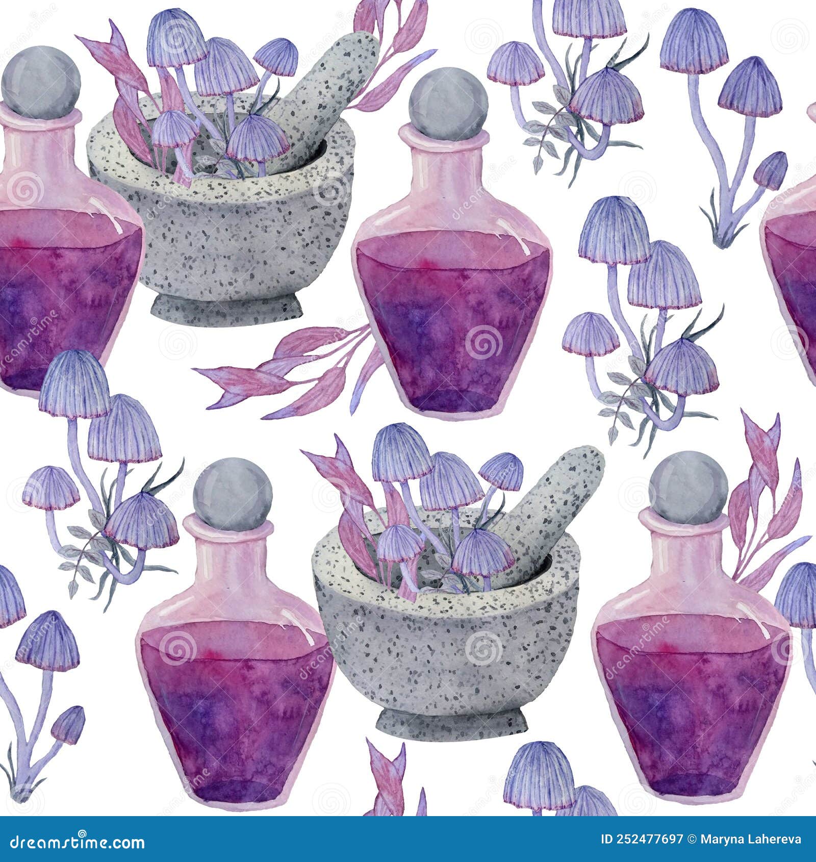 watercolor hand drawn seamless pattern with apothecary potion brew purple witch forest herbs, leaves. spooky horror